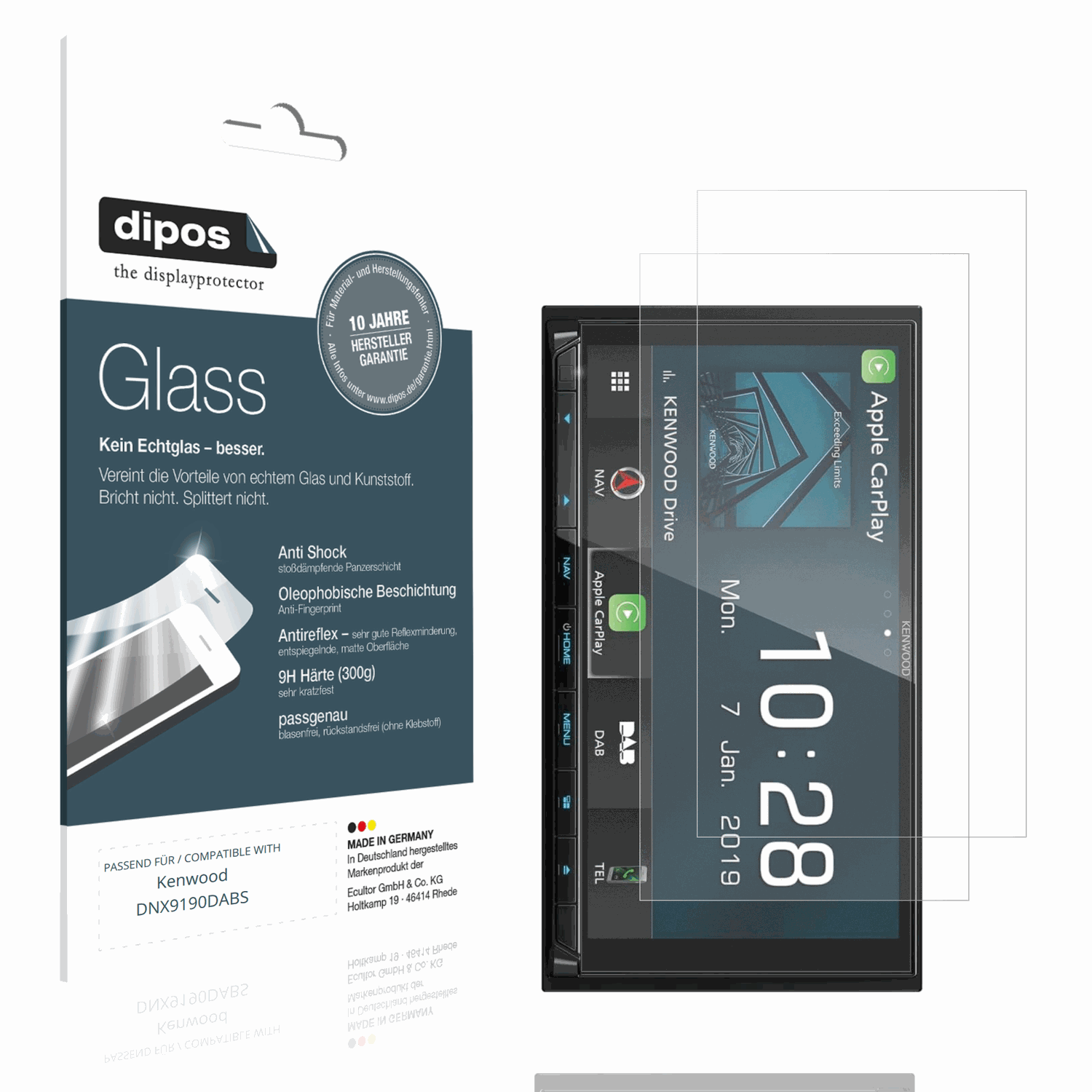 Matte Displayschutzfolie von dipos passend für Kenwood DNX9190DABS, 9H kratzfest und blasenfrei montiert