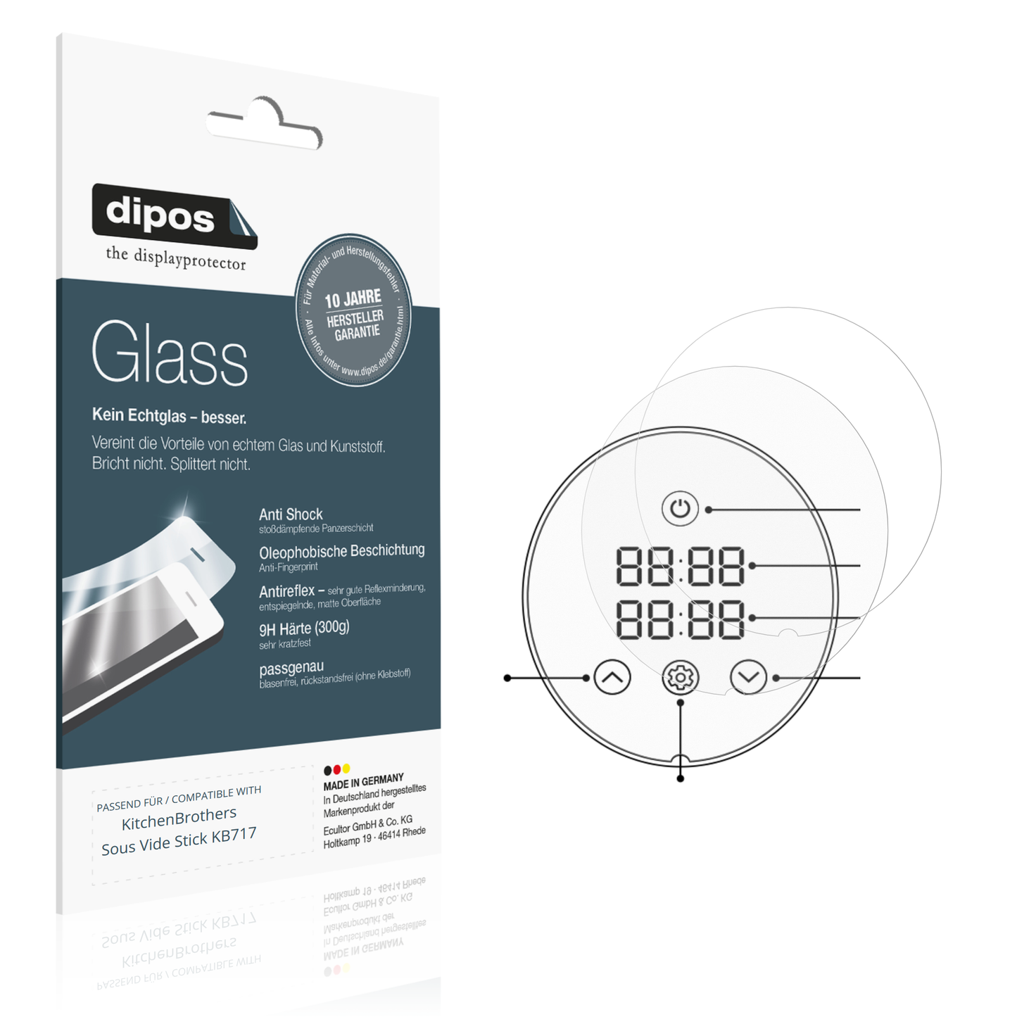 Matte Displayschutzfolie von dipos passend für KitchenBrothers Sous Vide Stick KB717, 9H kratzfest und blasenfrei montiert