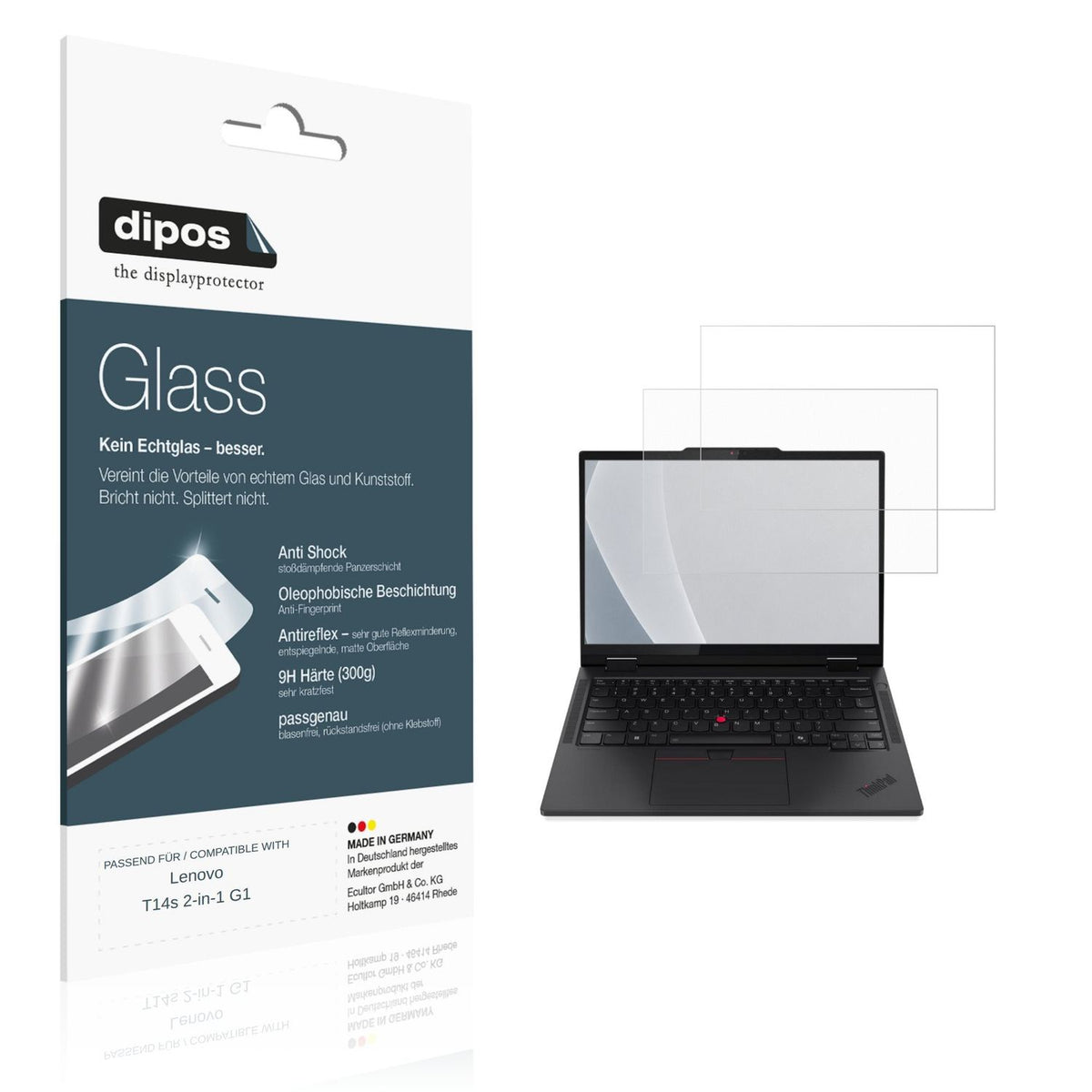 Matte Displayschutzfolie von dipos passend für Lenovo T14s 2-in-1 G1, 9H kratzfest und blasenfrei montiert
