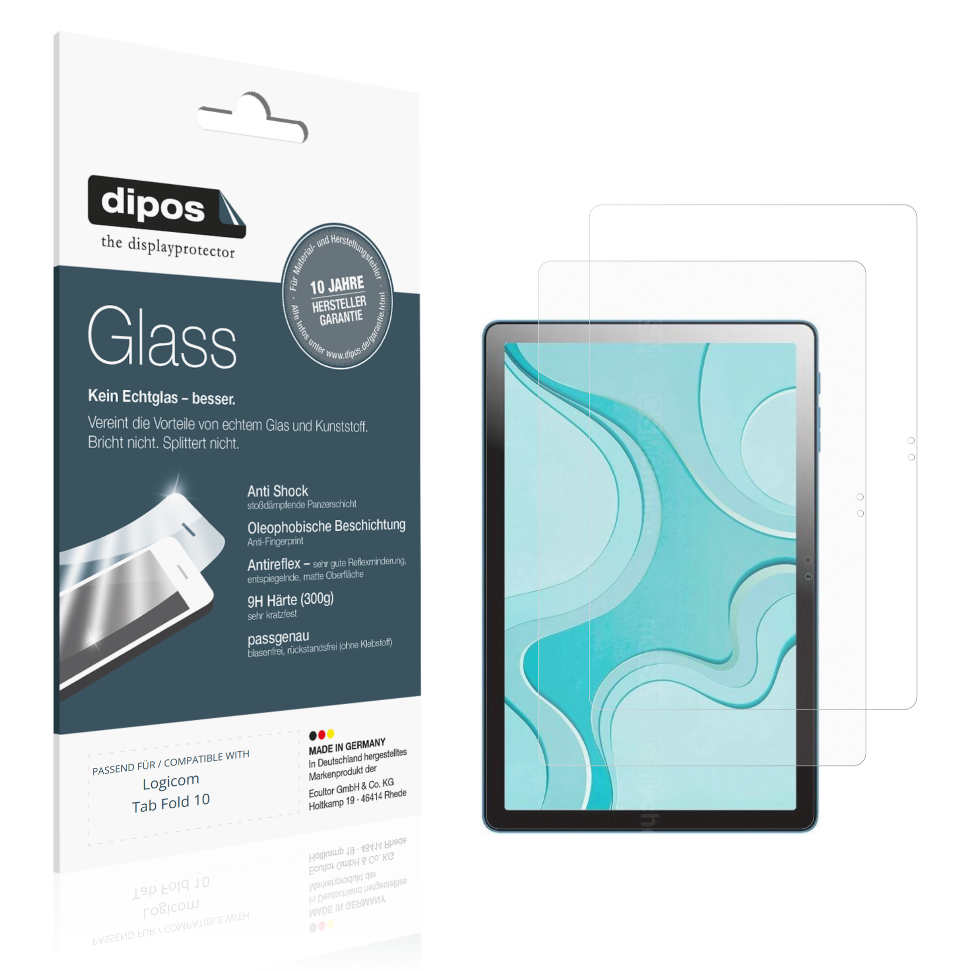 Matte Displayschutzfolie von dipos passend für Logicom Tab Fold 10, 9H kratzfest und blasenfrei montiert