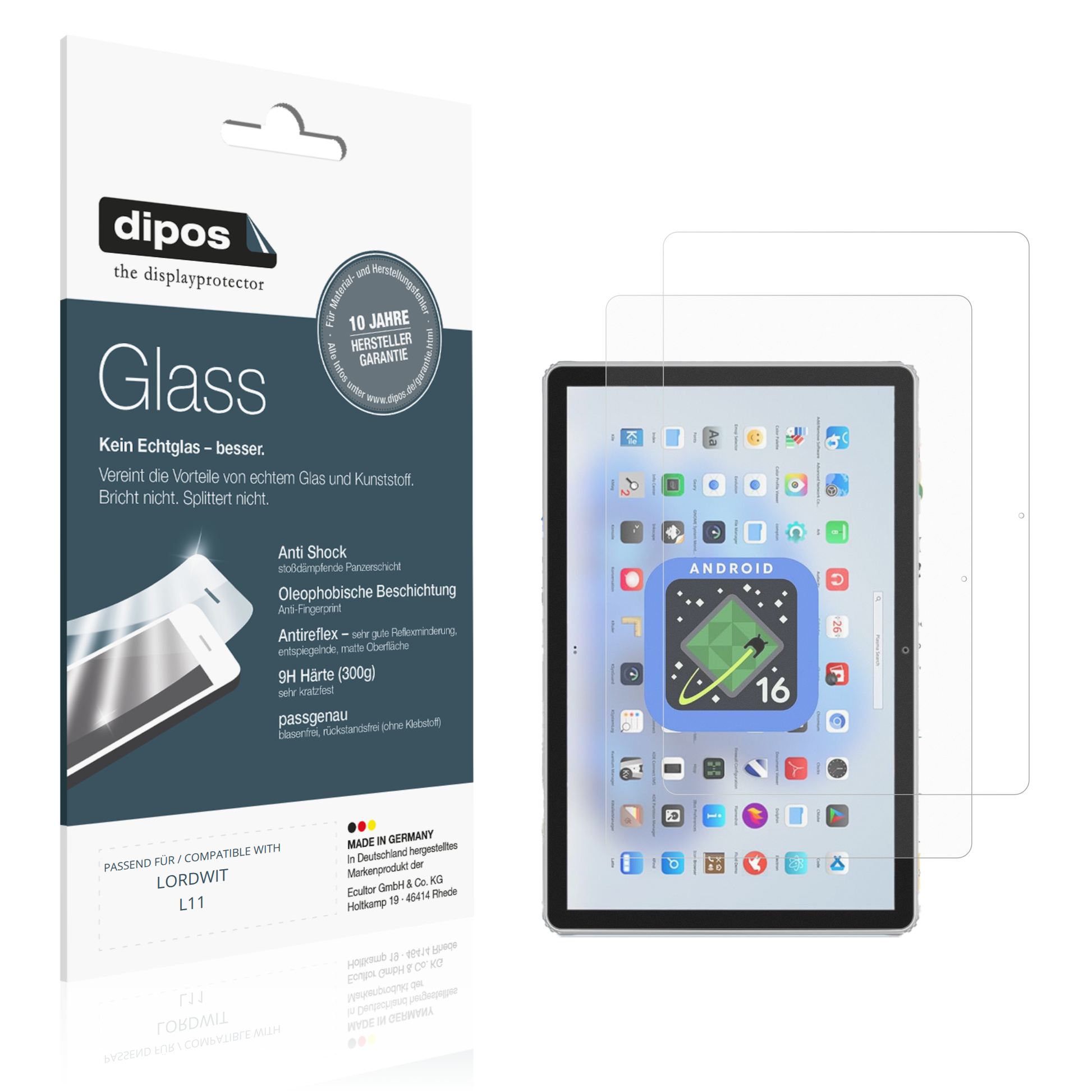 Matte Displayschutzfolie von dipos passend für LORDWIT L11, 9H kratzfest und blasenfrei montiert