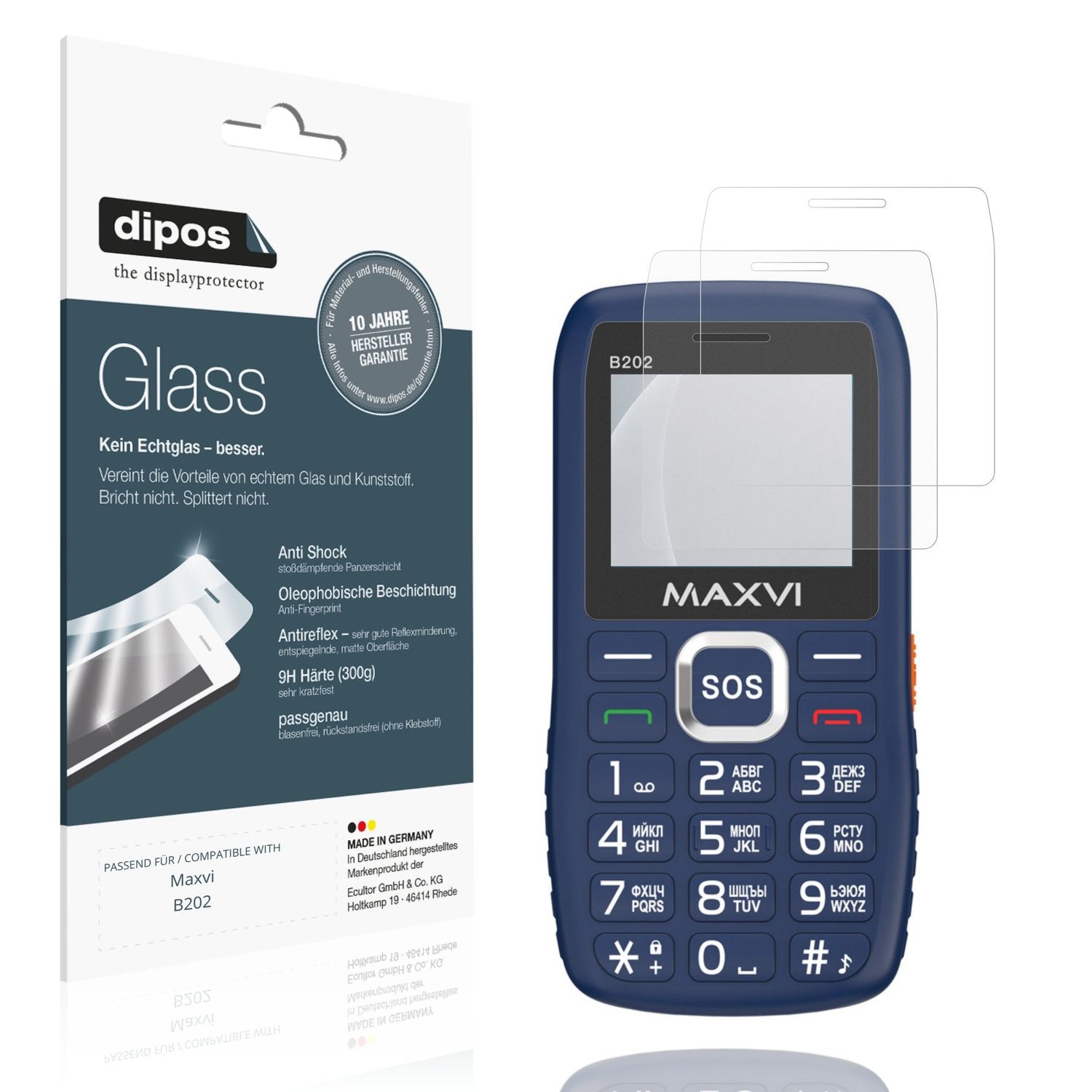 Matte Displayschutzfolie von dipos passend für Maxvi B202, 9H kratzfest und blasenfrei montiert