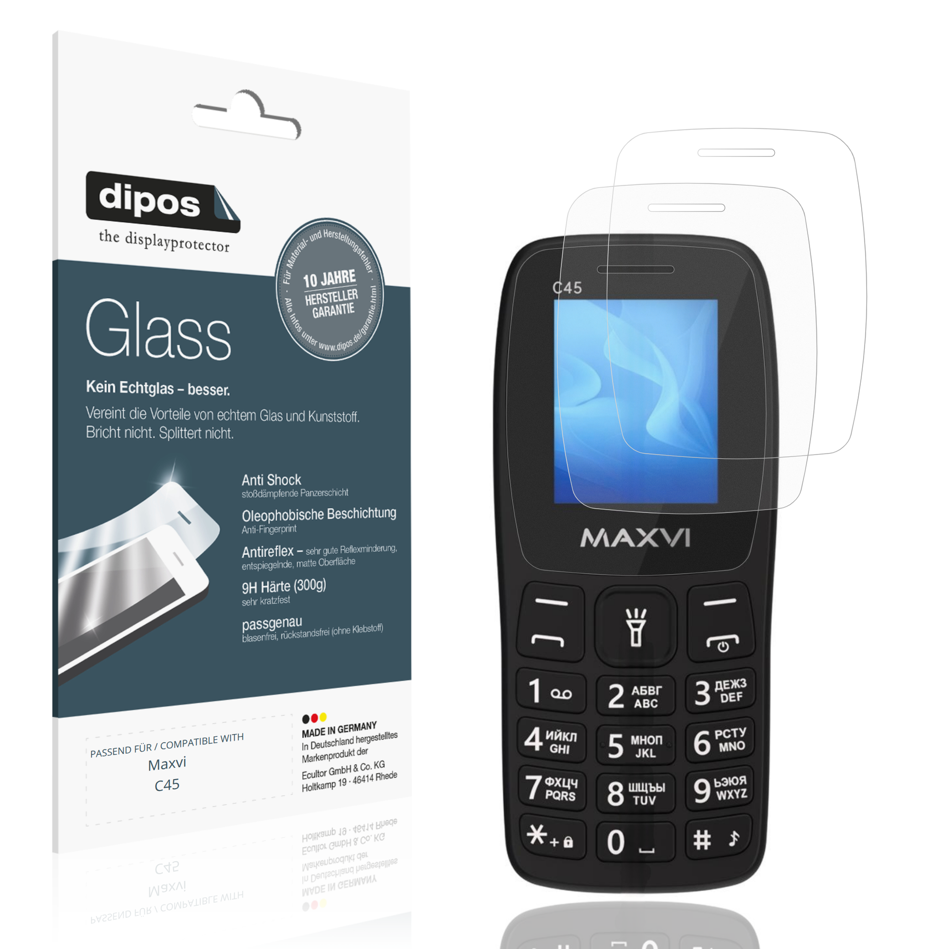 Matte Displayschutzfolie von dipos passend für Maxvi C45, 9H kratzfest und blasenfrei montiert