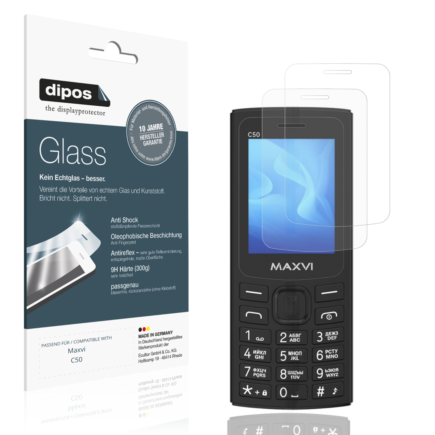 Matte Displayschutzfolie von dipos passend für Maxvi C50, 9H kratzfest und blasenfrei montiert