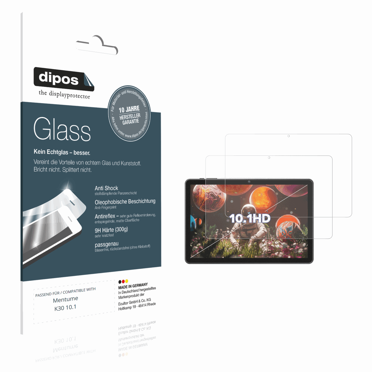 Matte Displayschutzfolie von dipos passend für Mentume K30 10.1, 9H kratzfest und blasenfrei montiert
