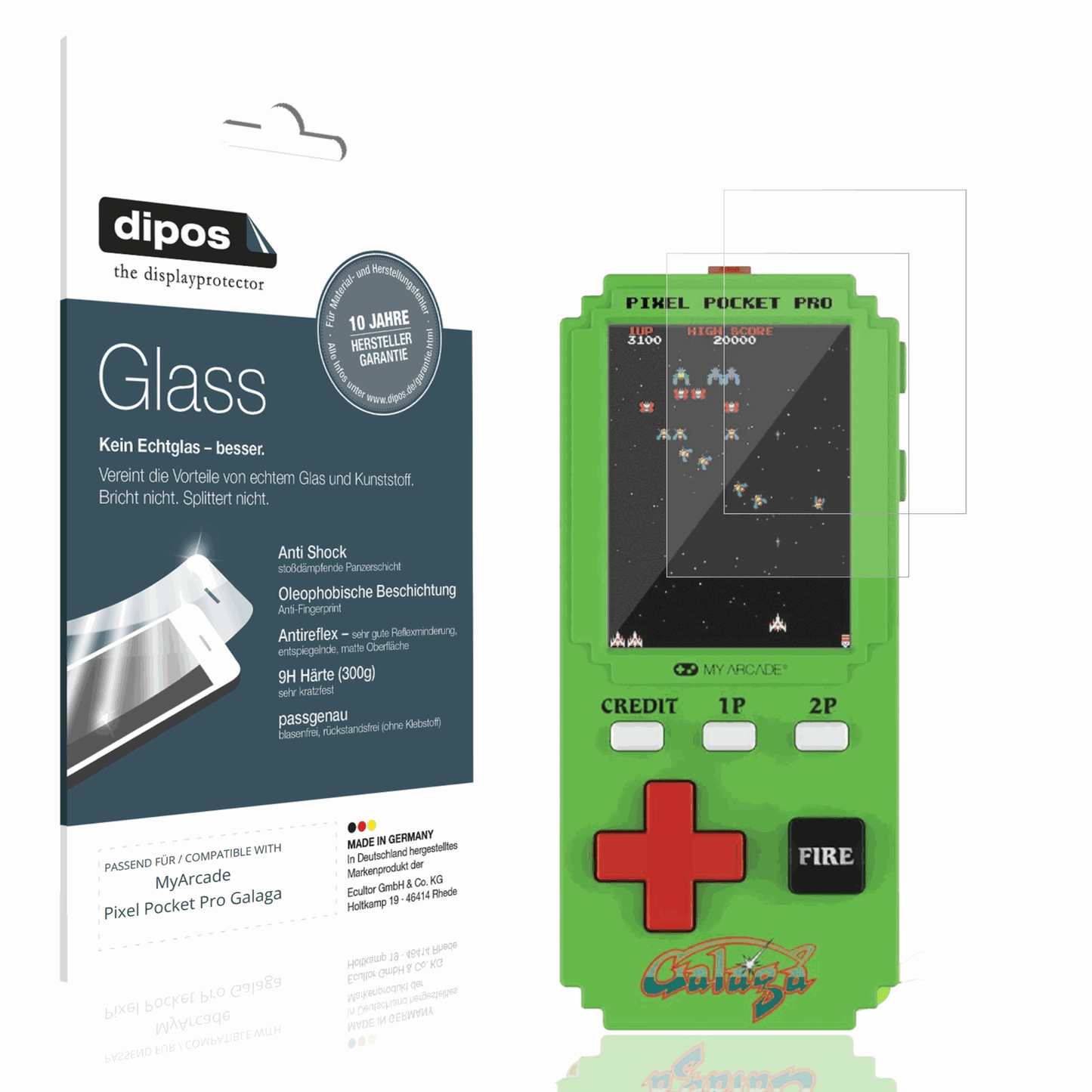Matte Displayschutzfolie von dipos passend für MyArcade Pixel Pocket Pro Galaga, 9H kratzfest und blasenfrei montiert
