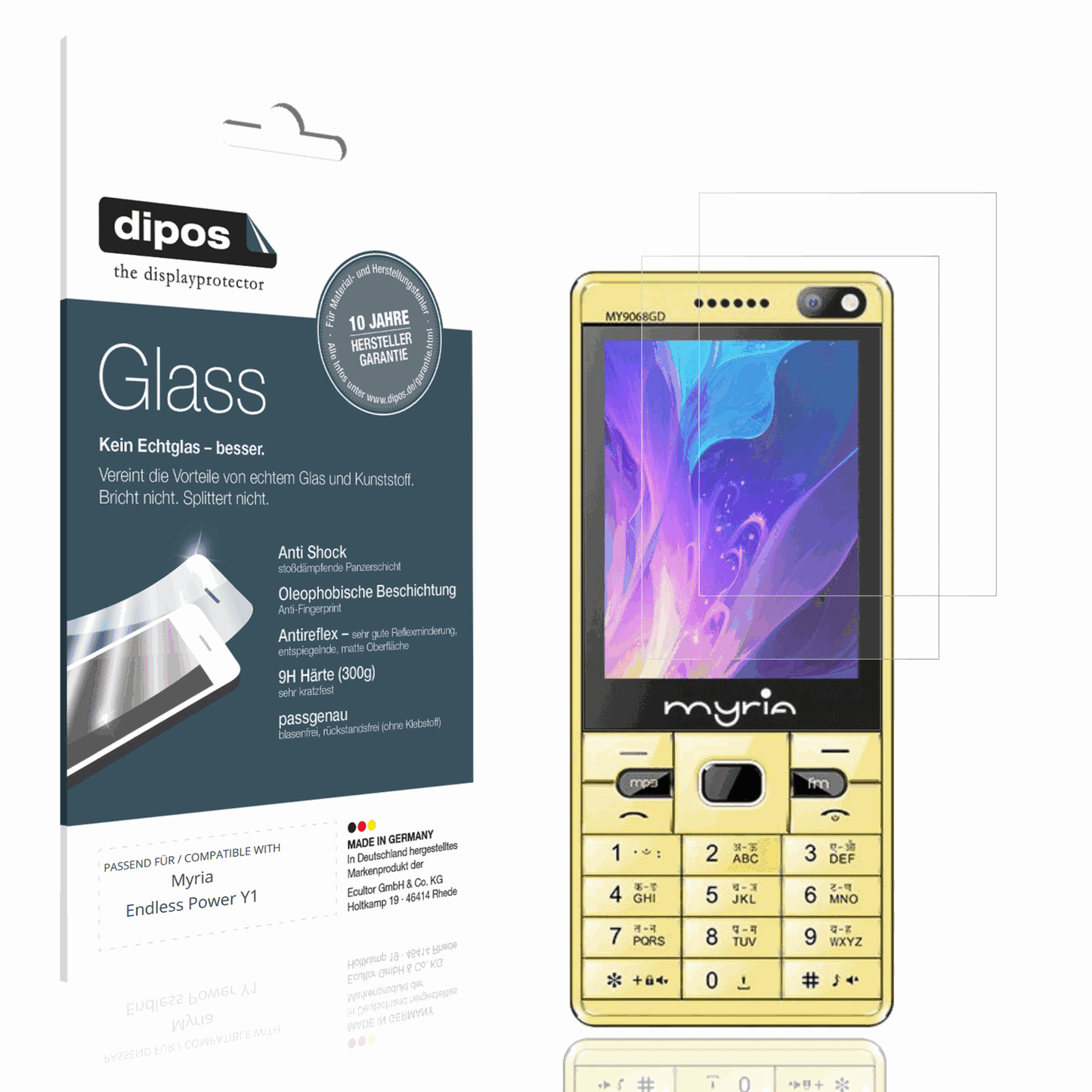 Matte Displayschutzfolie von dipos passend für Myria Endless Power Y1, 9H kratzfest und blasenfrei montiert