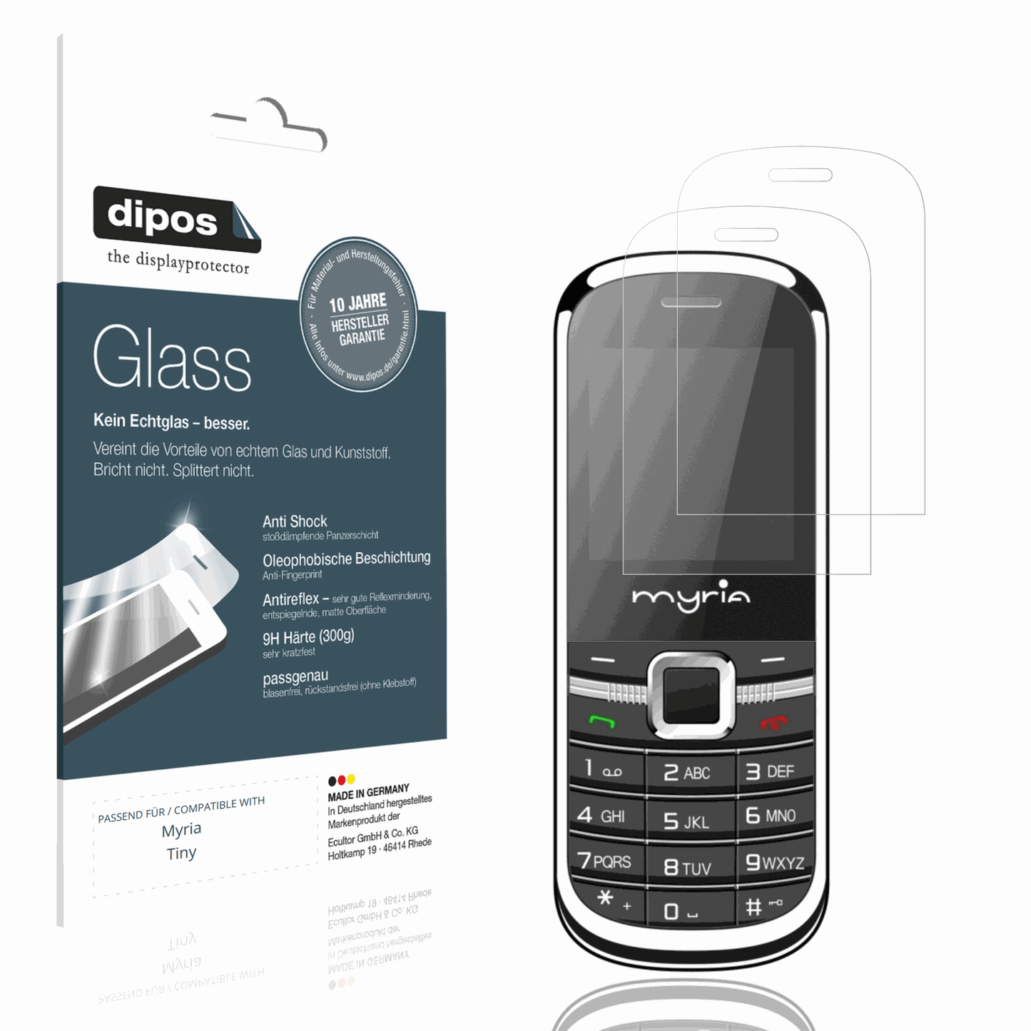Matte Displayschutzfolie von dipos passend für Myria Tiny, 9H kratzfest und blasenfrei montiert