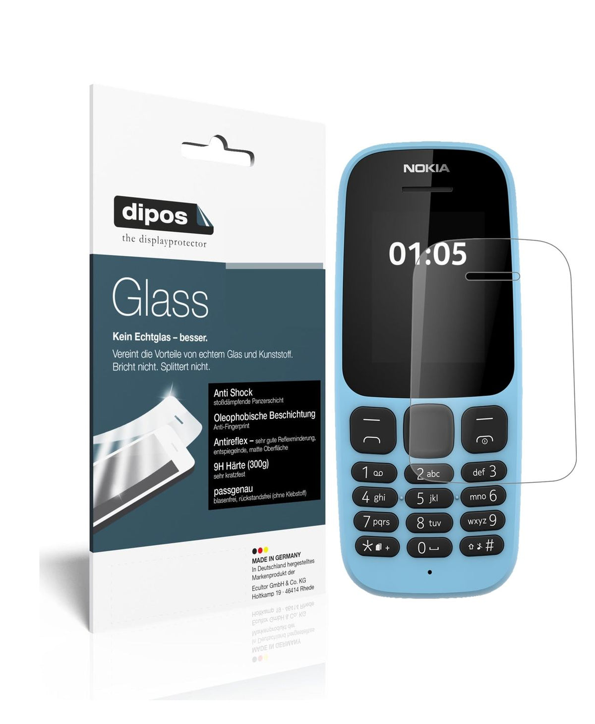 Matte Displayschutzfolie von dipos passend für Nokia 105 (2019), 9H kratzfest und blasenfrei montiert