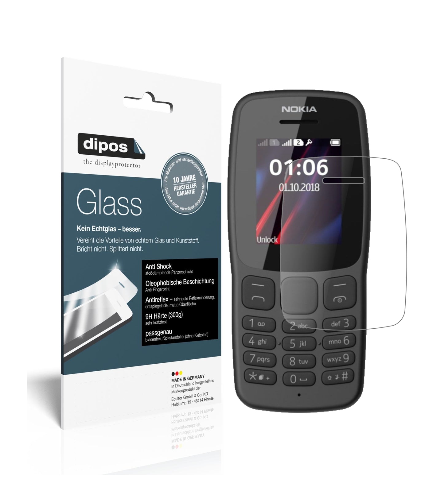 Matte Displayschutzfolie von dipos passend für Nokia 106 (2018), 9H kratzfest und blasenfrei montiert