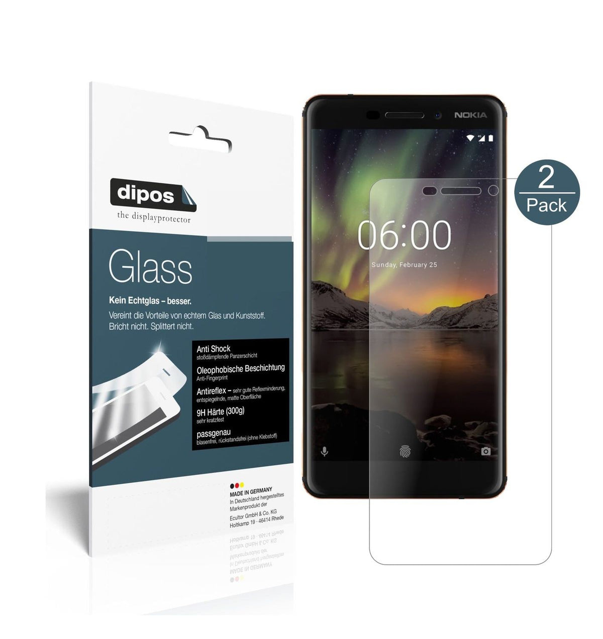 Matte Displayschutzfolie von dipos passend für Nokia 6 (2018), 9H kratzfest und blasenfrei montiert