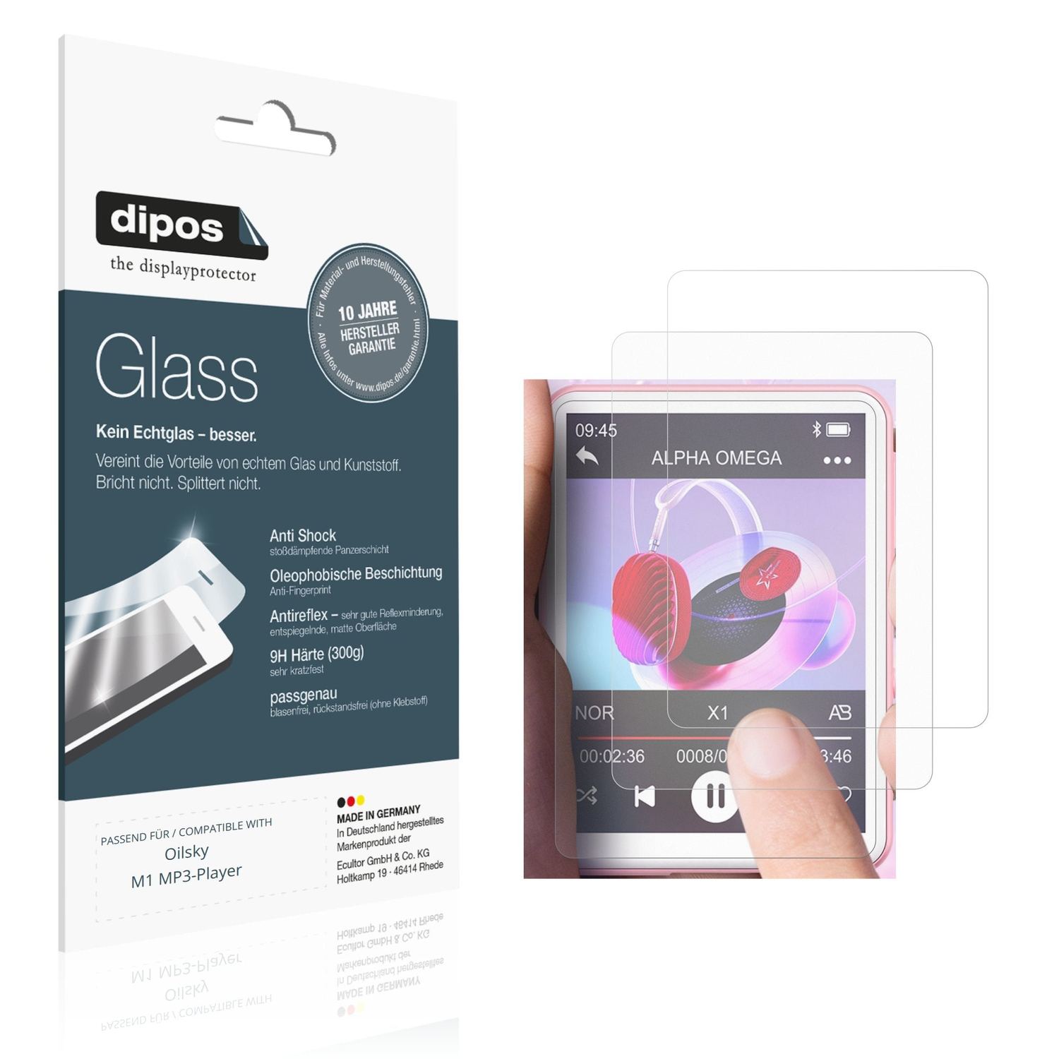Matte Displayschutzfolie von dipos passend für Oilsky M1 MP3-Player, 9H kratzfest und blasenfrei montiert
