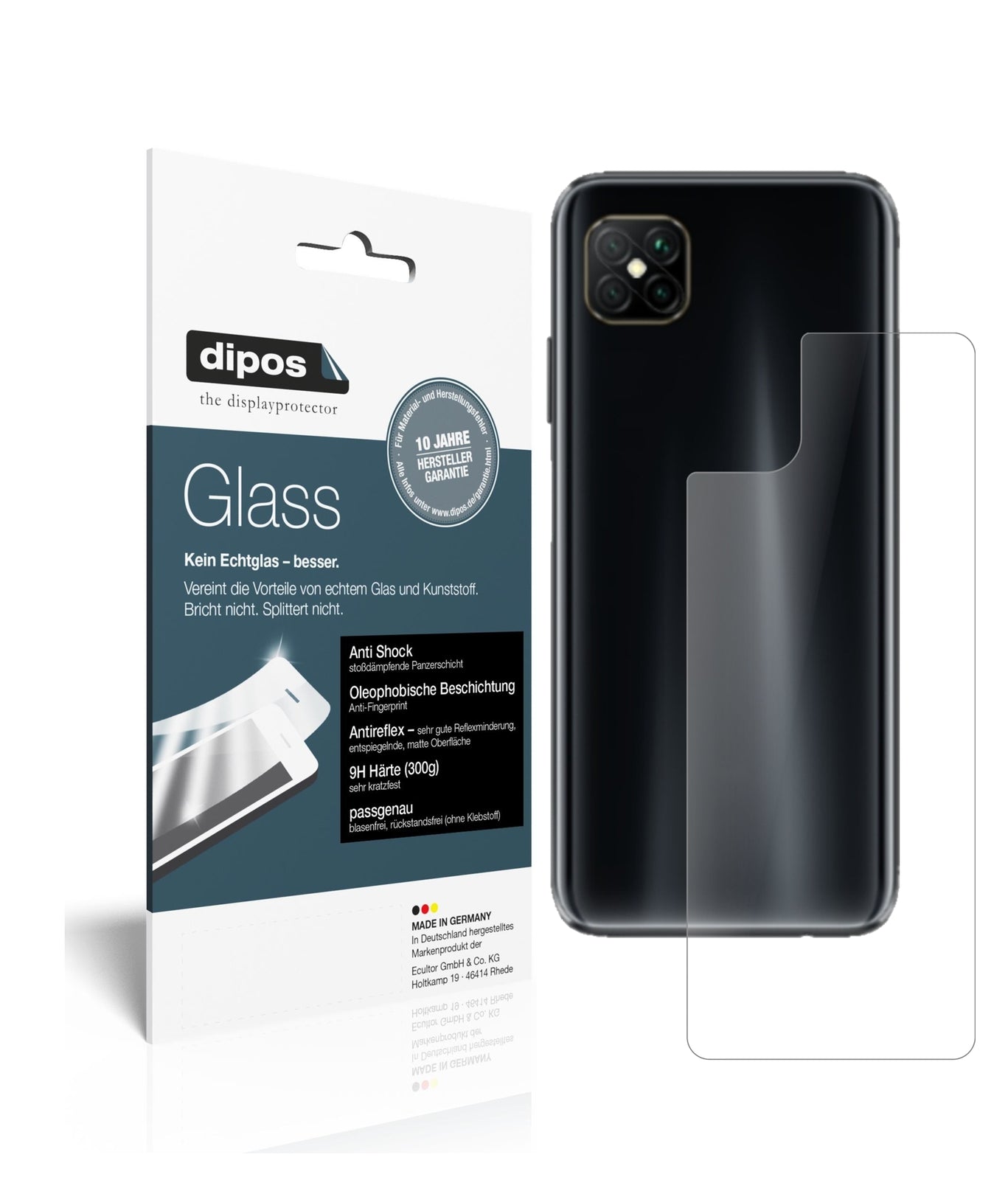 Matte Displayschutzfolie von dipos passend für Oppo A92s Rückseite, 9H kratzfest und blasenfrei montiert