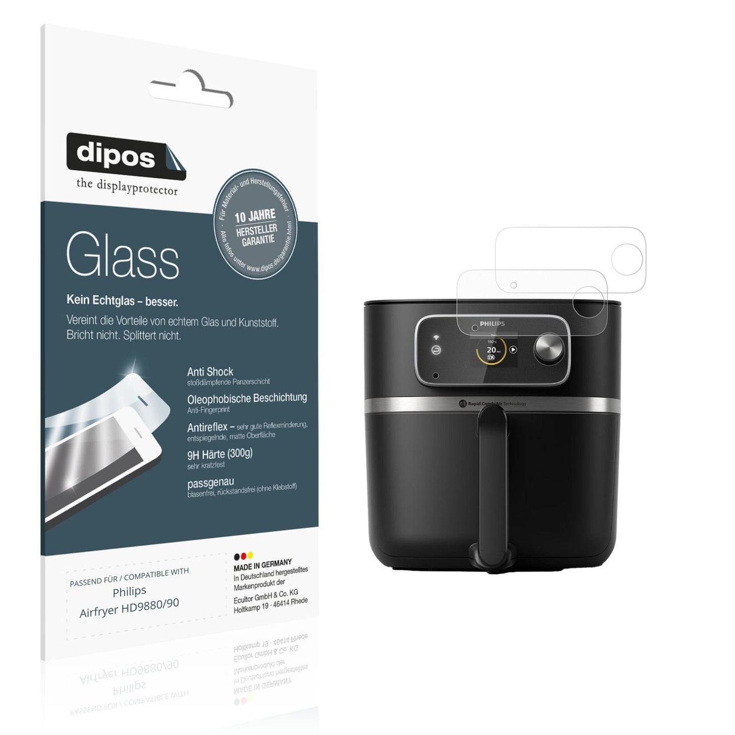 Matte Displayschutzfolie von dipos passend für Philips Airfryer HD9880/90, 9H kratzfest und blasenfrei montiert