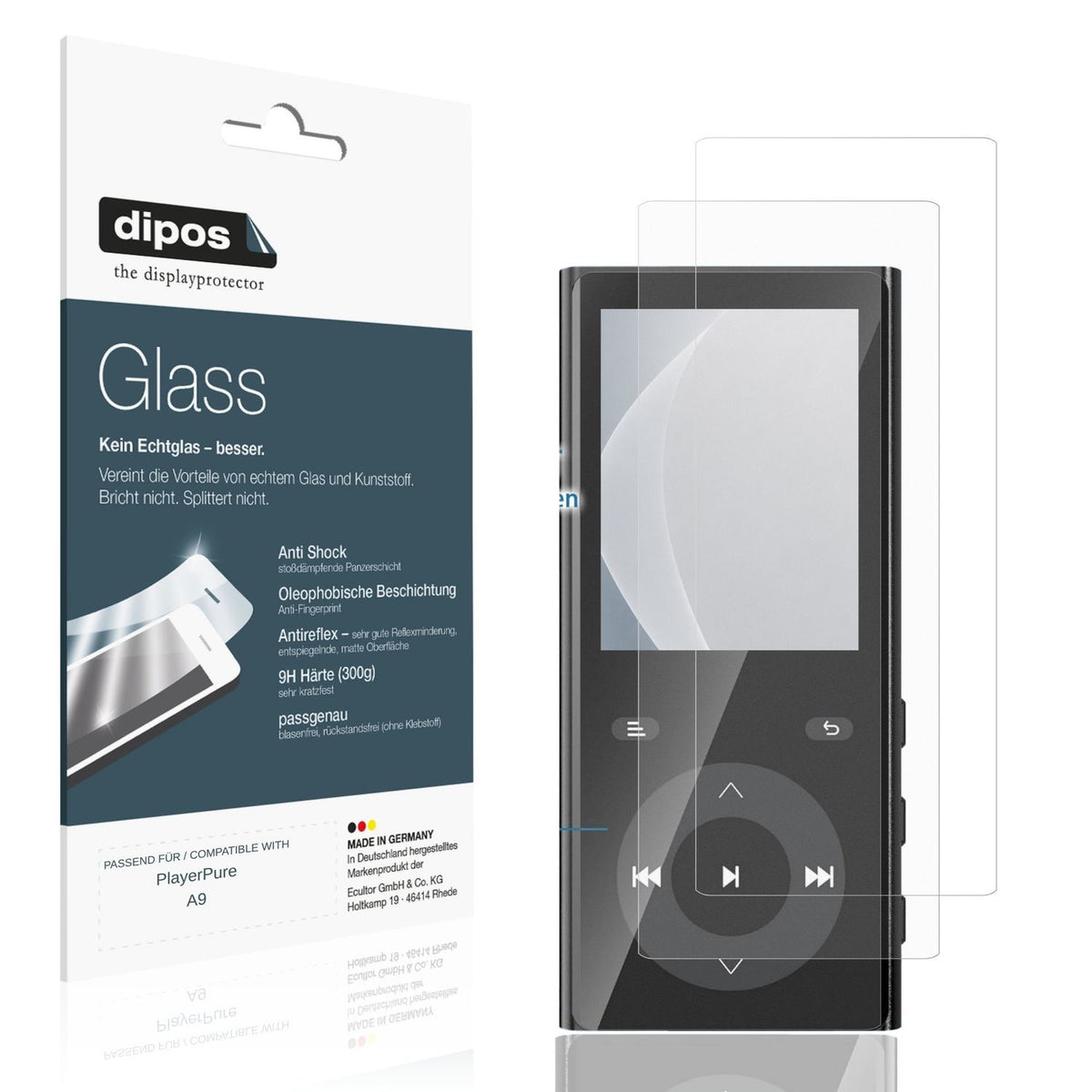 Matte Displayschutzfolie von dipos passend für PlayerPure A9, 9H kratzfest und blasenfrei montiert
