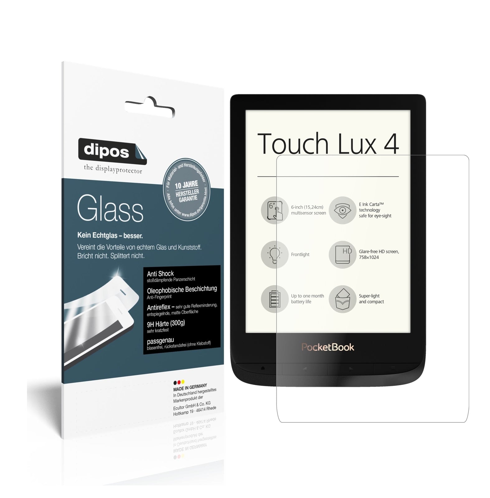 Matte Displayschutzfolie von dipos passend für PocketBook Touch Lux 4, 9H kratzfest und blasenfrei montiert
