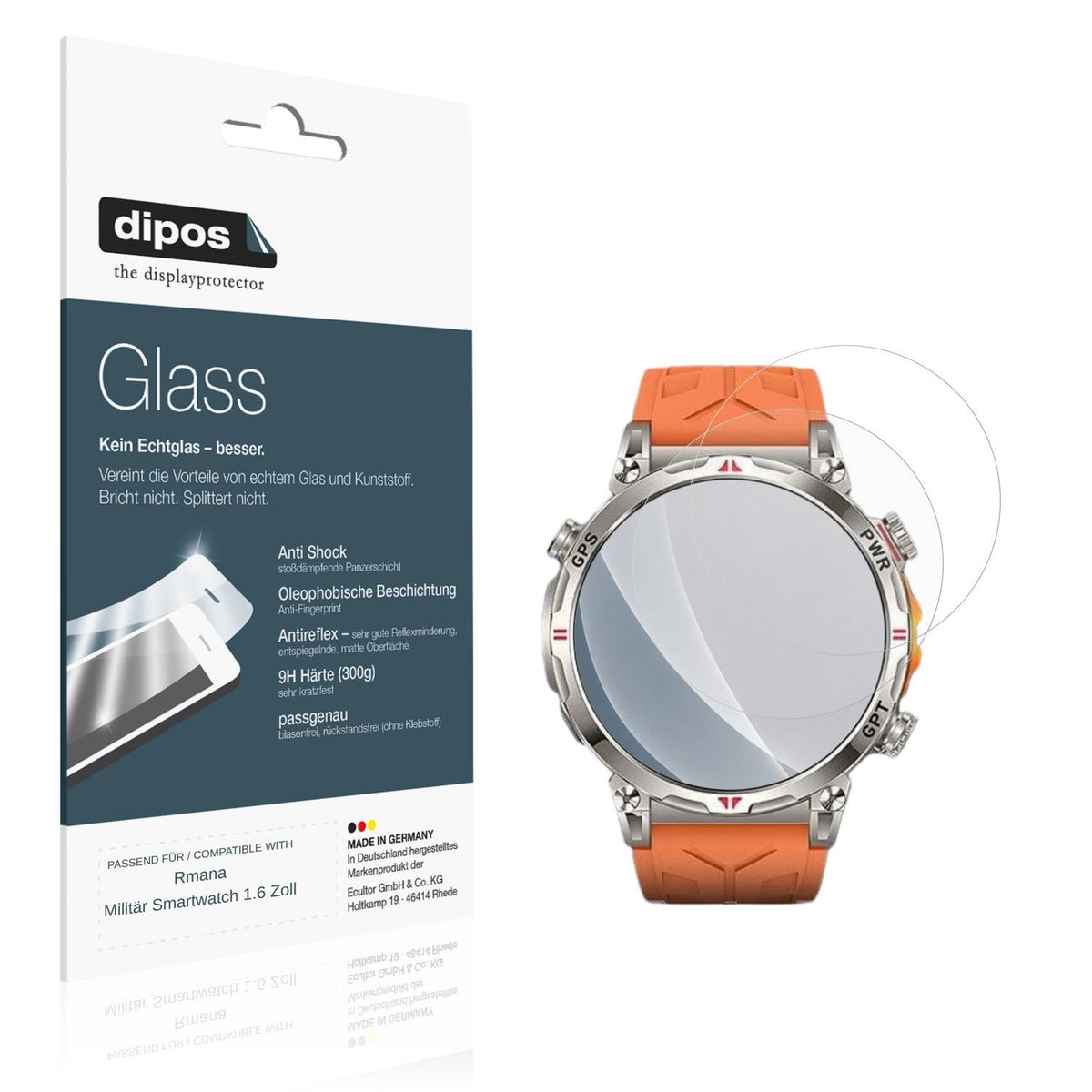 Matte Displayschutzfolie von dipos passend für Rmana Militär Smartwatch 1.6 Zoll, 9H kratzfest und blasenfrei montiert