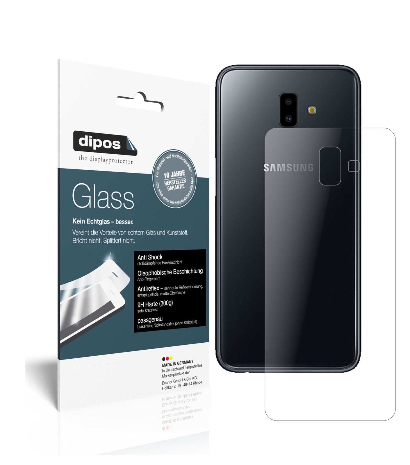 Matte Displayschutzfolie von dipos passend für Samsung Galaxy J6 Plus (2018) Rückseite, 9H kratzfest und blasenfrei montiert