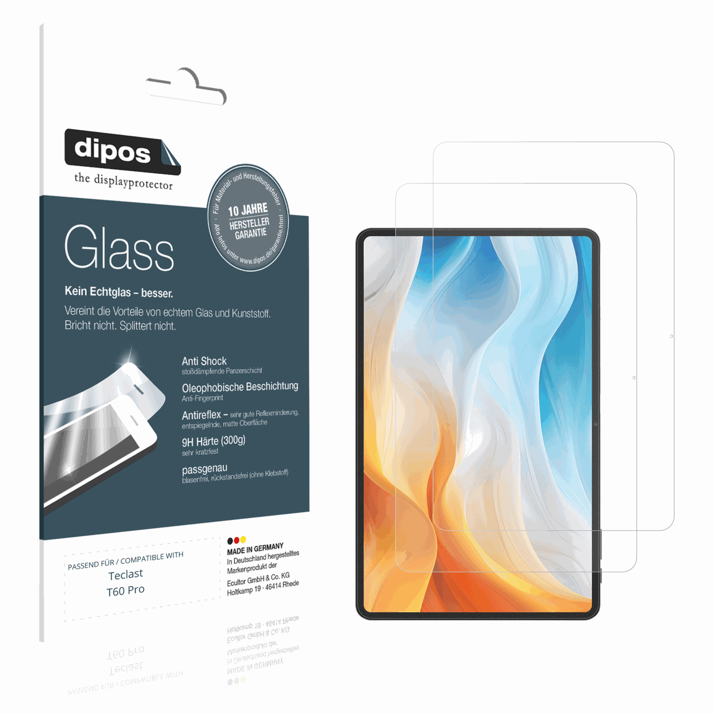 Matte Displayschutzfolie von dipos passend f�r Teclast T60 Pro, 9H kratzfest und blasenfrei montiert
