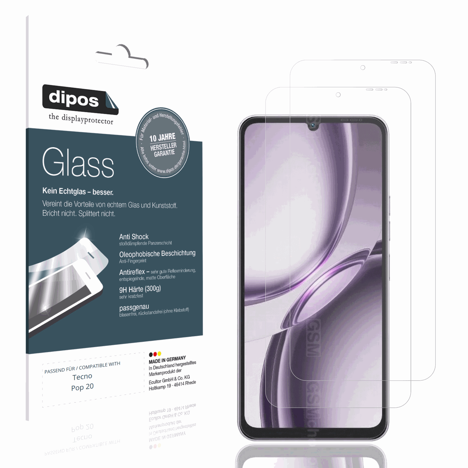 Matte Displayschutzfolie von dipos passend für Tecno Pop 20, 9H kratzfest und blasenfrei montiert