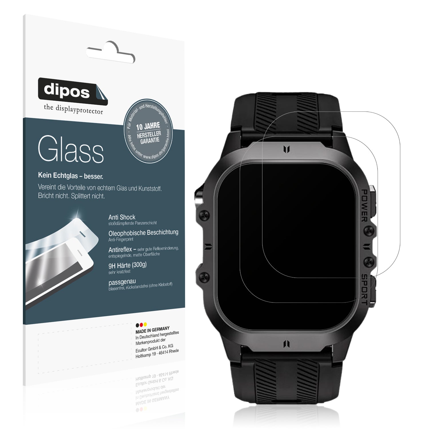 Matte Displayschutzfolie von dipos passend für Tesofit Smartwatch 1.85 Zoll, 9H kratzfest und blasenfrei montiert