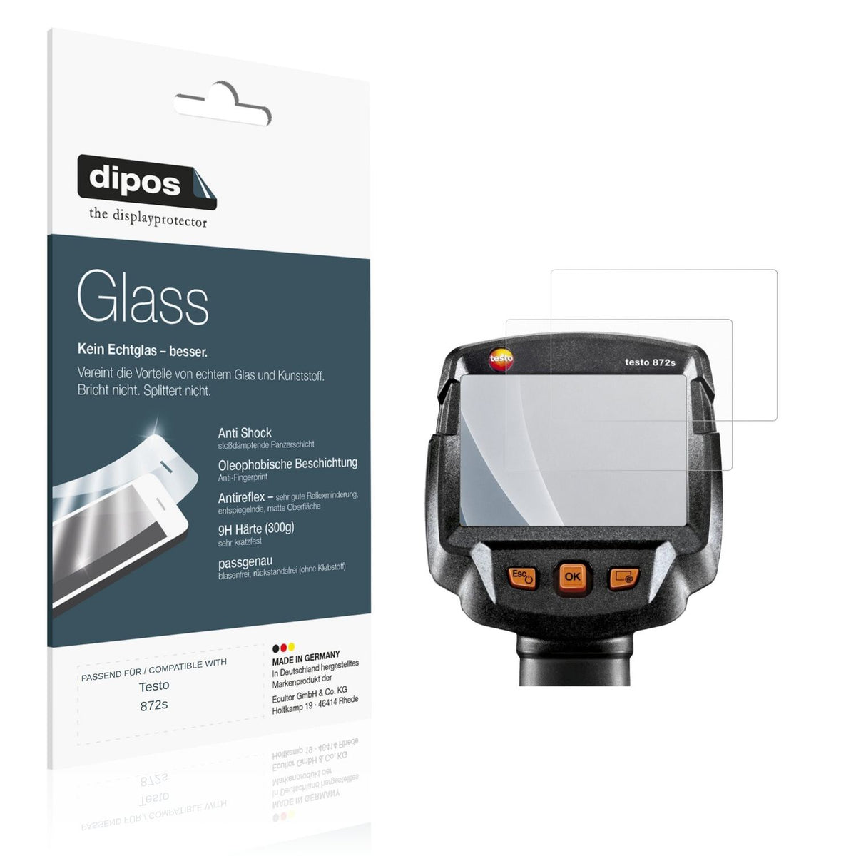Matte Displayschutzfolie von dipos passend für Testo 872s, 9H kratzfest und blasenfrei montiert