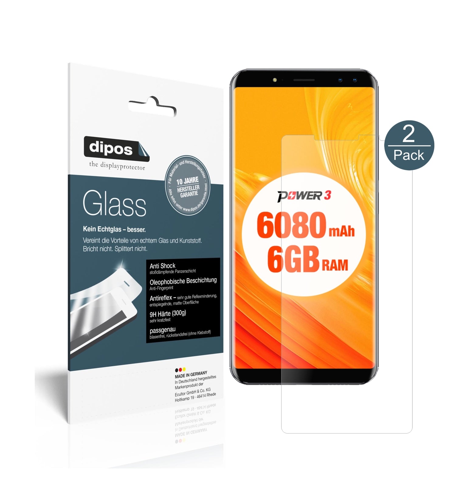 Matte Displayschutzfolie von dipos passend für Ulefone Power 3, 9H kratzfest und blasenfrei montiert