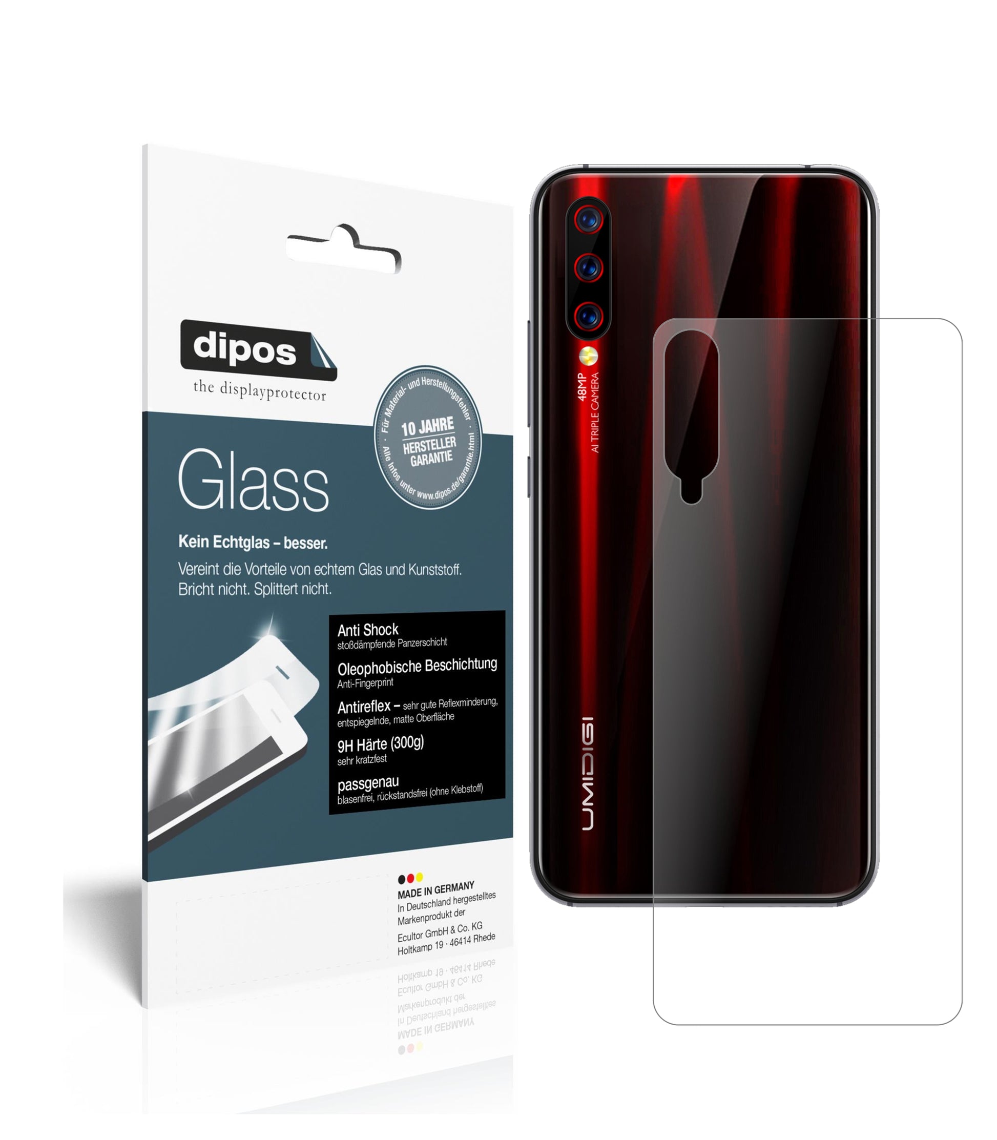 Matte Displayschutzfolie von dipos passend für Umidigi X Rückseite, 9H kratzfest und blasenfrei montiert
