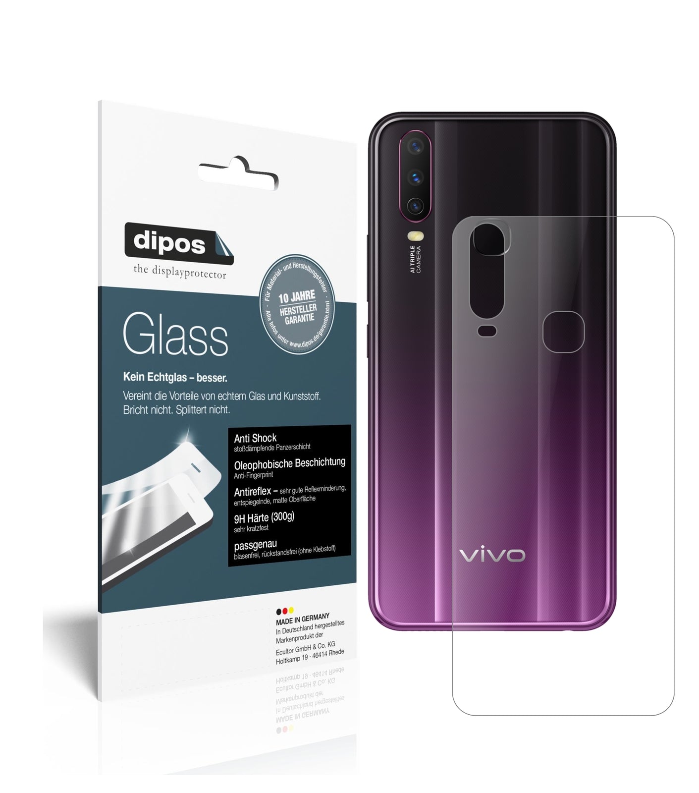 Matte Displayschutzfolie von dipos passend für Vivo Y5 Rückseite, 9H kratzfest und blasenfrei montiert