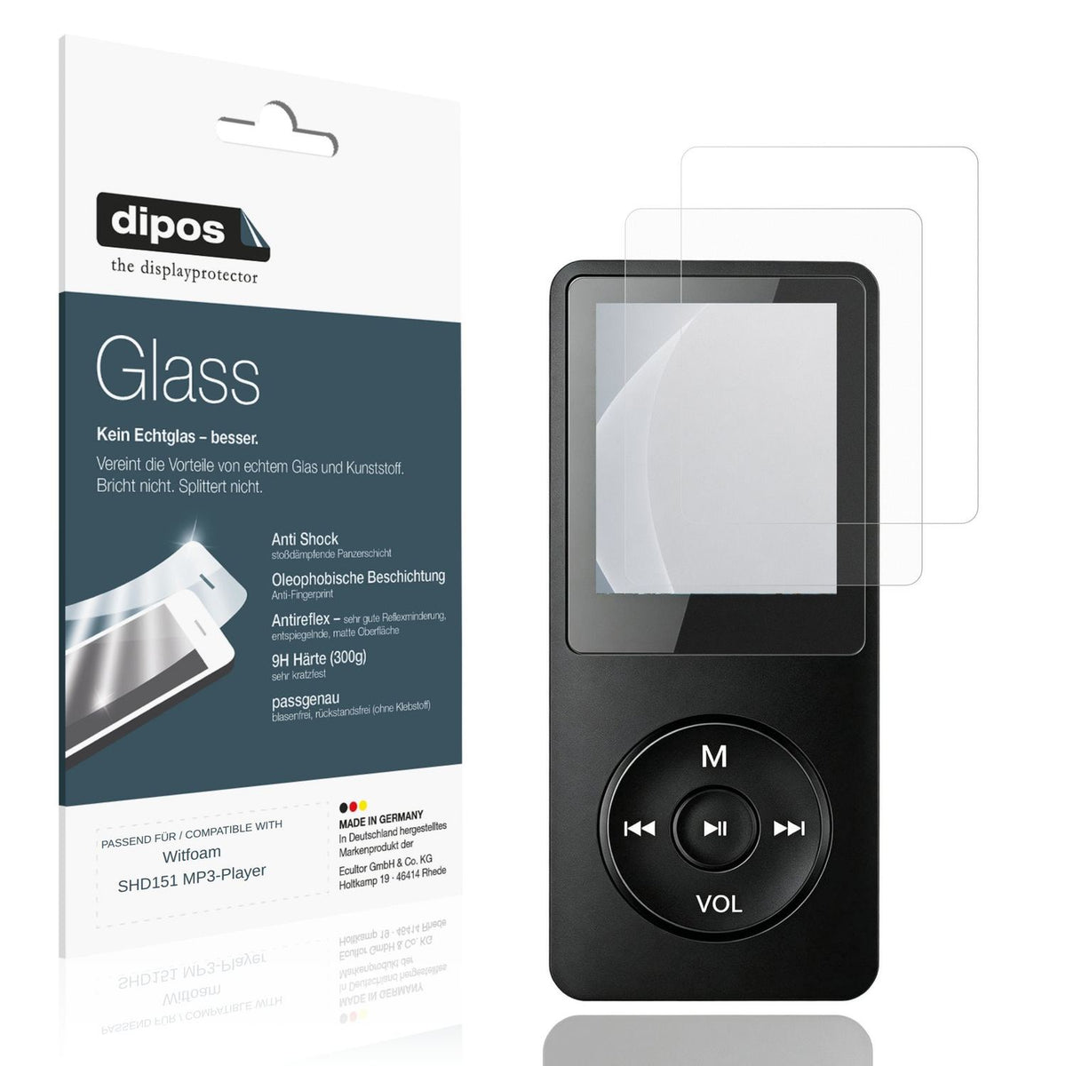 Matte Displayschutzfolie von dipos passend für Witfoam SHD151 MP3-Player, 9H kratzfest und blasenfrei montiert