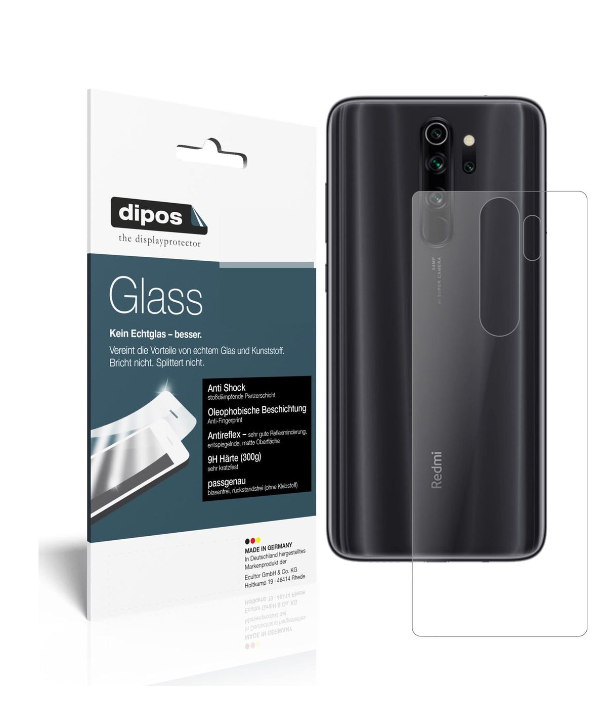 Matte Displayschutzfolie von dipos passend für Xiaomi Redmi Note 8 Pro Rückseite, 9H kratzfest und blasenfrei montiert