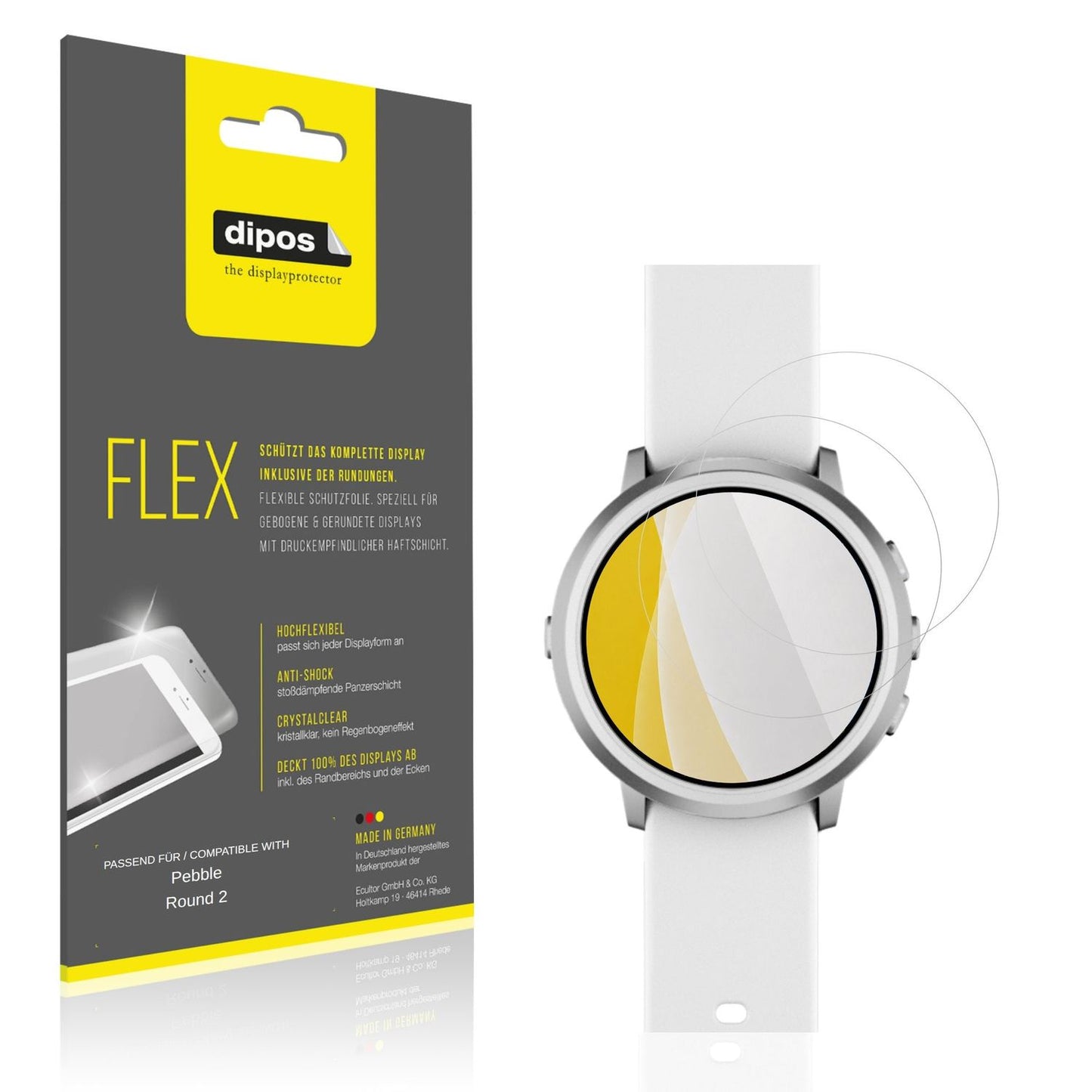 Klare Displayschutzfolie von dipos passend für Pebble Round 2, 100% Displayabdeckung und blasenfreie Montage