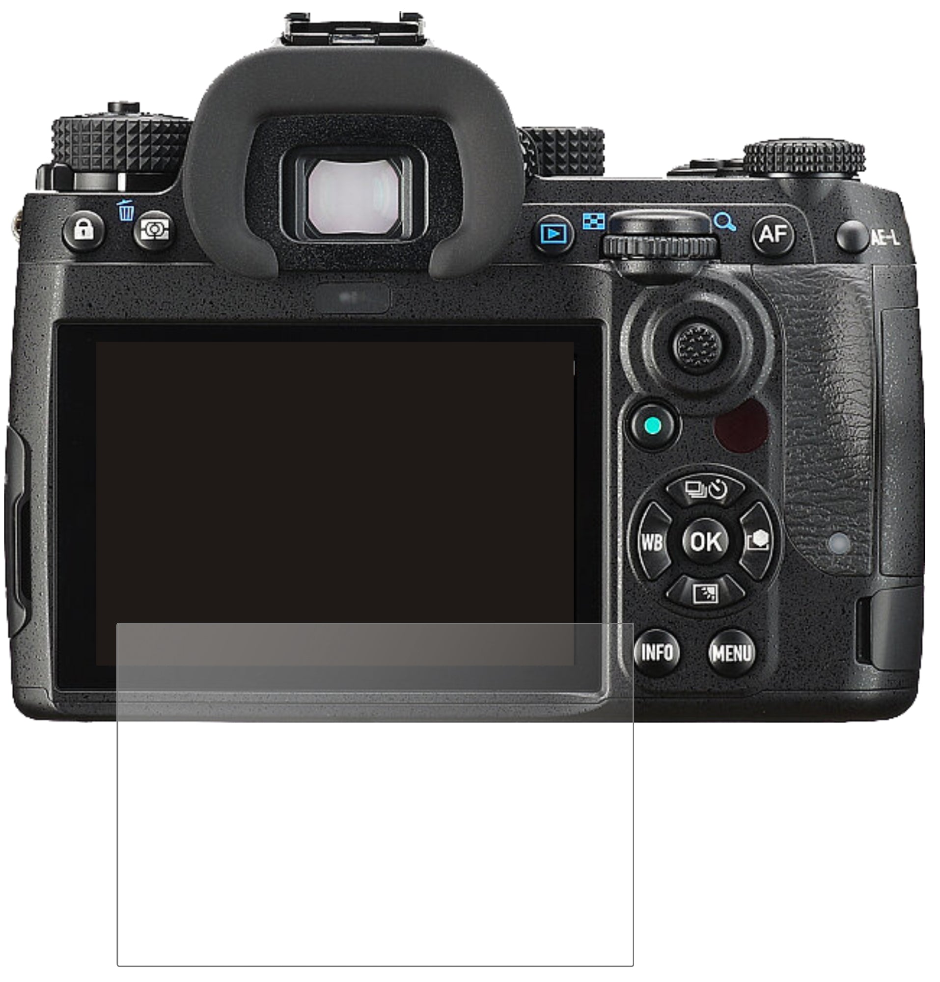 PentaxK-3 III mit aufgebrachter dipos Panzerfolie, die lästige Fingerabdrücke minimiert