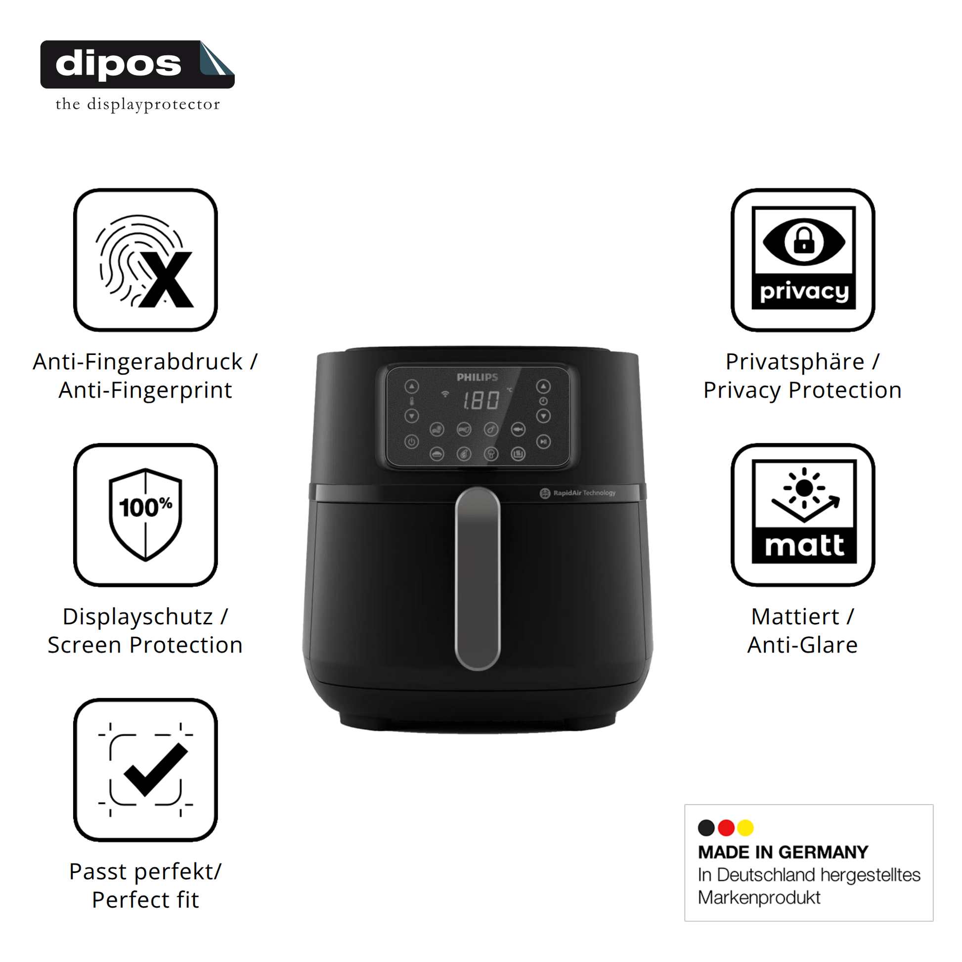 Privatsphäre-Schutz durch Sichtschutz-Folie passend zugeschnitten für Philips Airfryer 5000 Series XXL