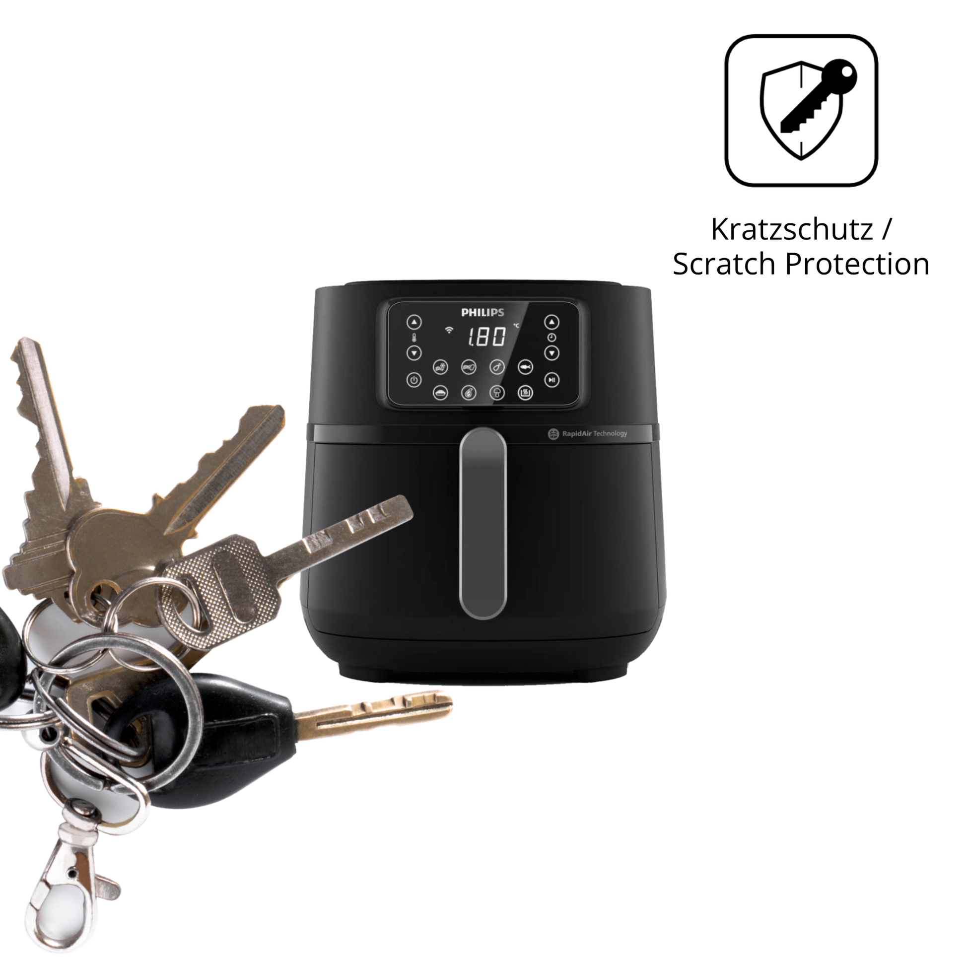 Schutz gegen Kratzer auf dem Philips Airfryer 5000 Series XXL Glas durch Schlüssel oder Ähnliches