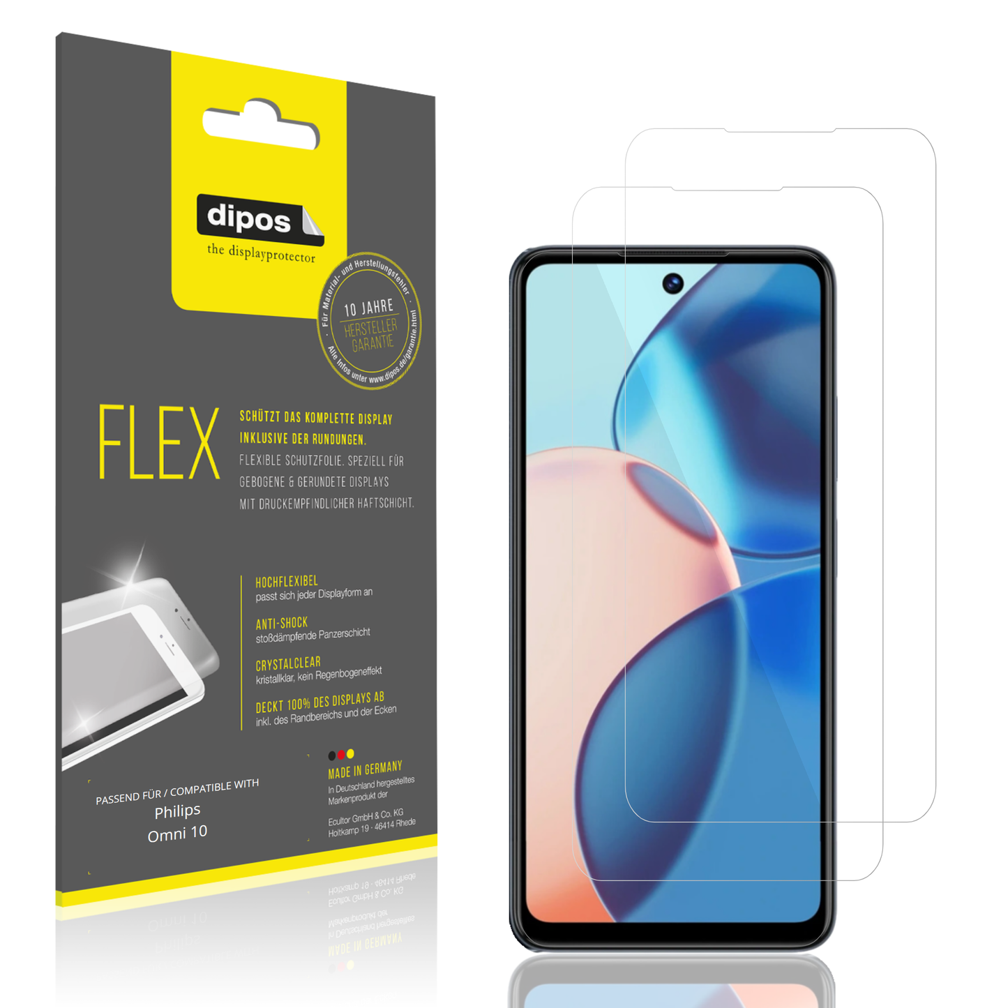 Klare Displayschutzfolie von dipos passend für Philips Omni 10, 100% Displayabdeckung und blasenfreie Montage