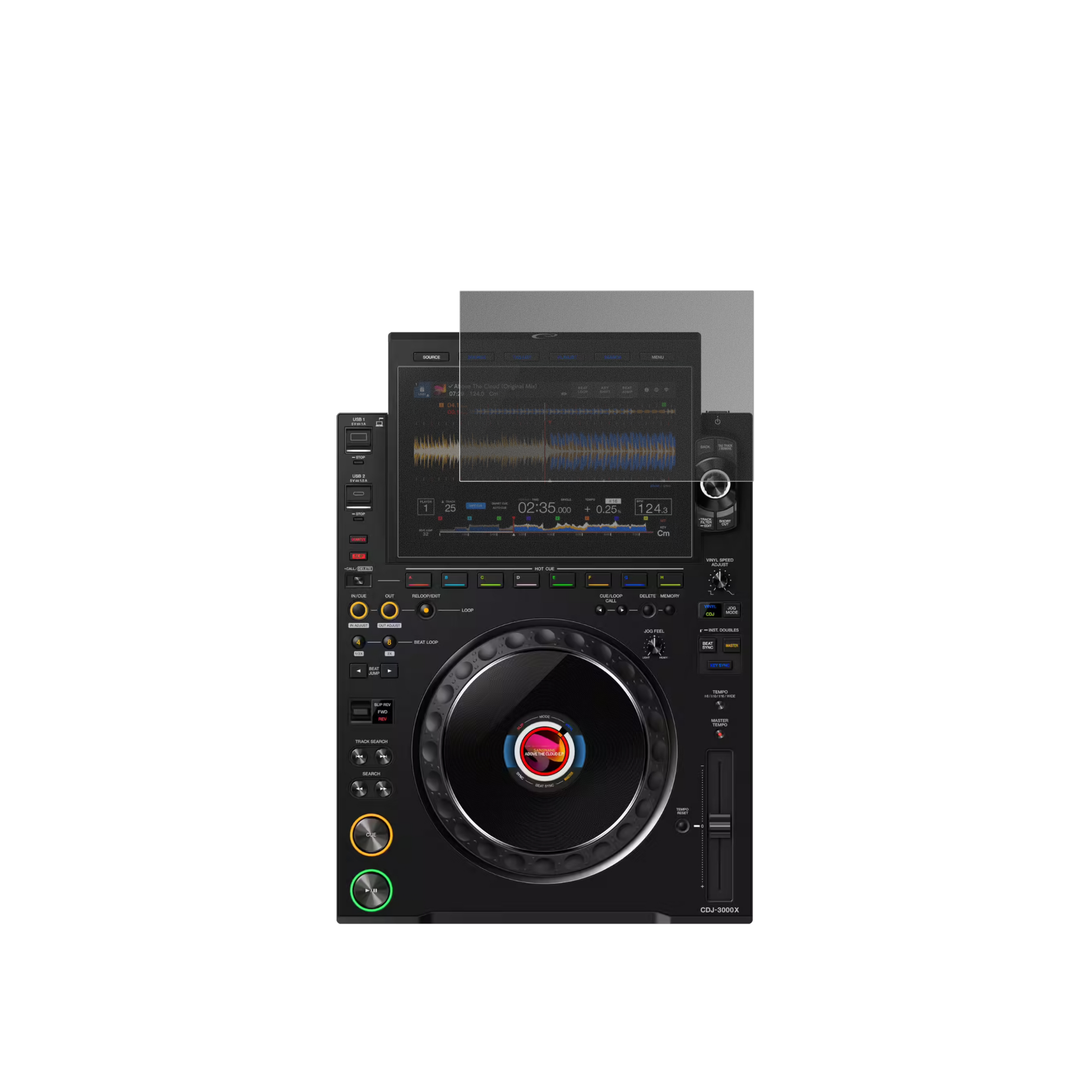 PioneerCDJ 3000X mit aufgebrachtem dipos Displayschutz, der seitliche Einblicke blockiert