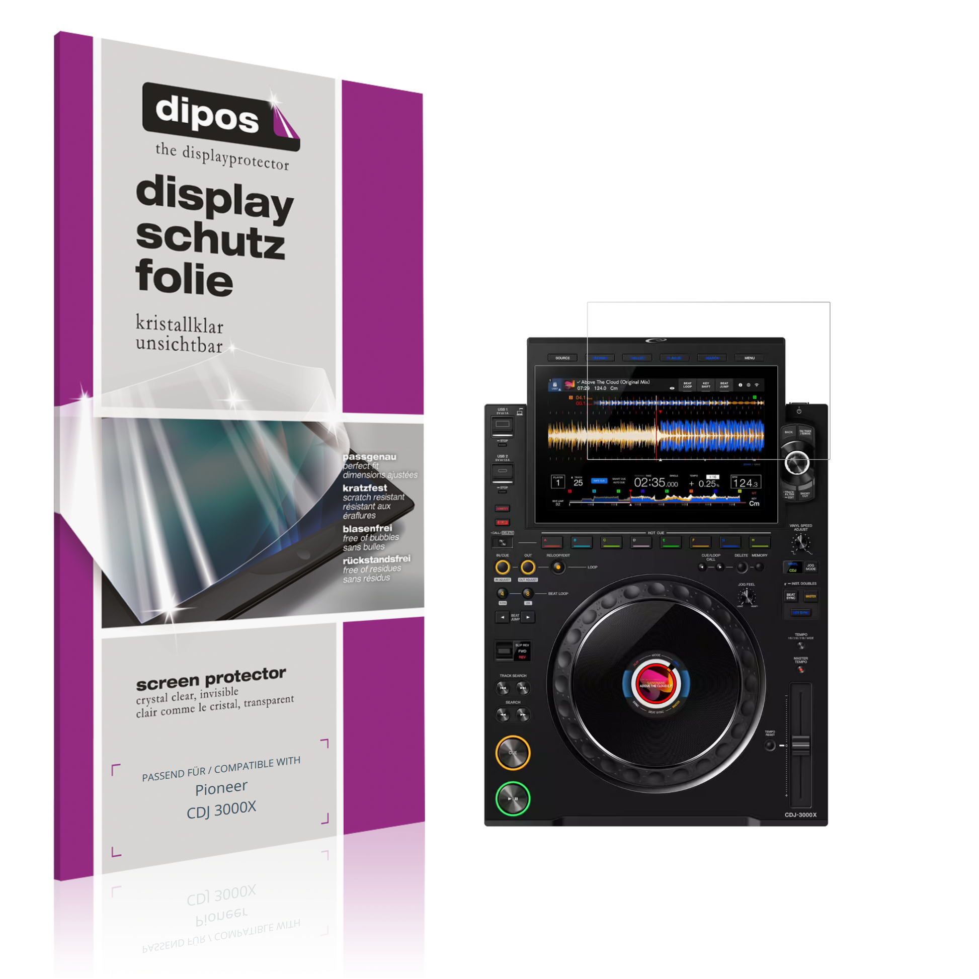 Klare Displayschutzfolie von dipos passend für Pioneer CDJ 3000X, präziser Zuschnitt und blasenfrei montiert