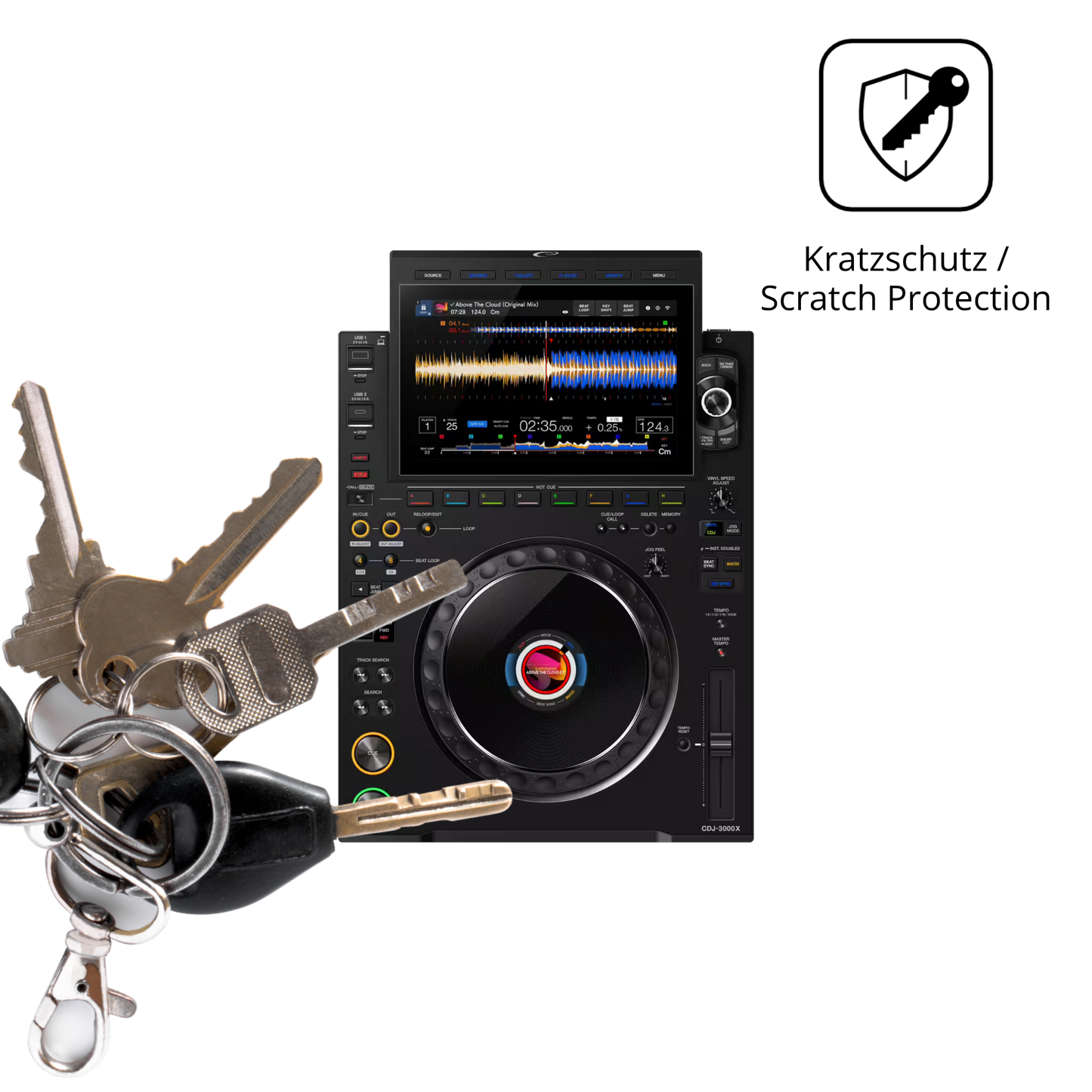 Schutz gegen Kratzer auf dem Pioneer CDJ 3000X Glas durch Schlüssel oder Ähnliches
