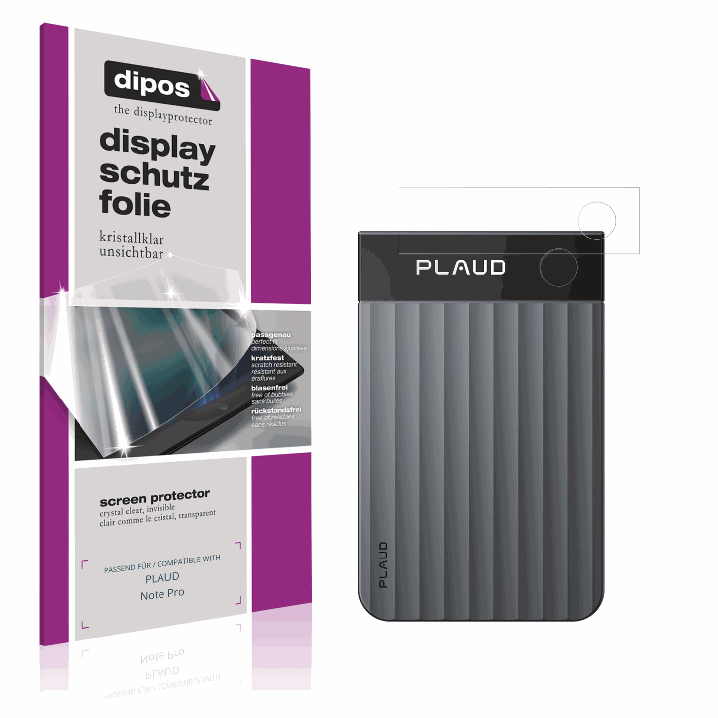 Klare Displayschutzfolie von dipos passend für PLAUD Note Pro, präziser Zuschnitt und blasenfrei montiert