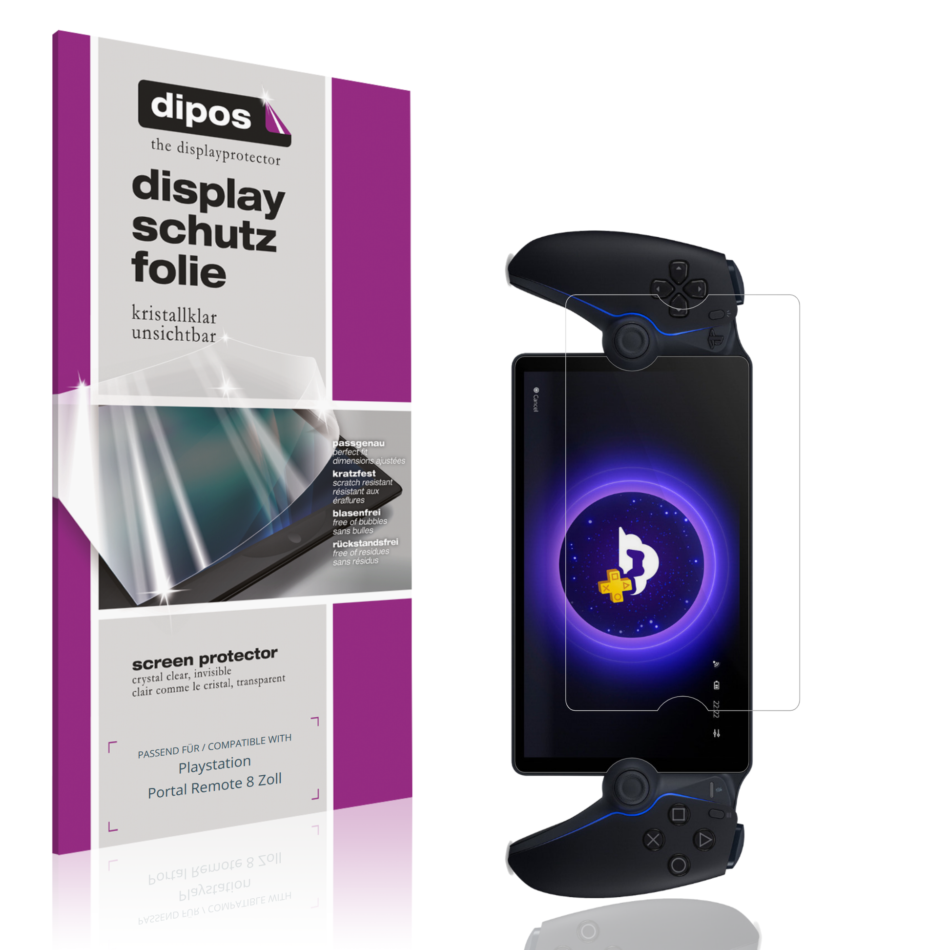 Klare Displayschutzfolie von dipos passend für Playstation Portal Remote 8 Zoll, präziser Zuschnitt und blasenfrei montiert