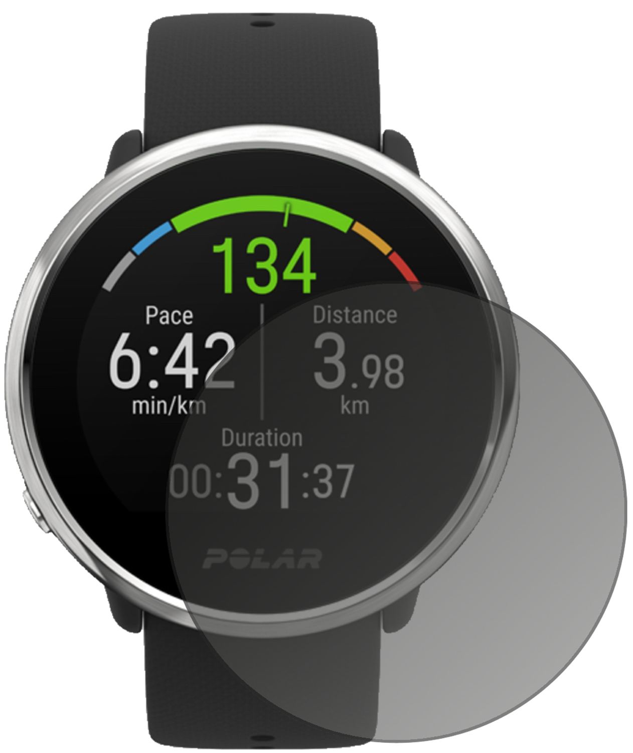 PolarIgnite mit aufgebrachtem dipos Displayschutz, der seitliche Einblicke blockiert