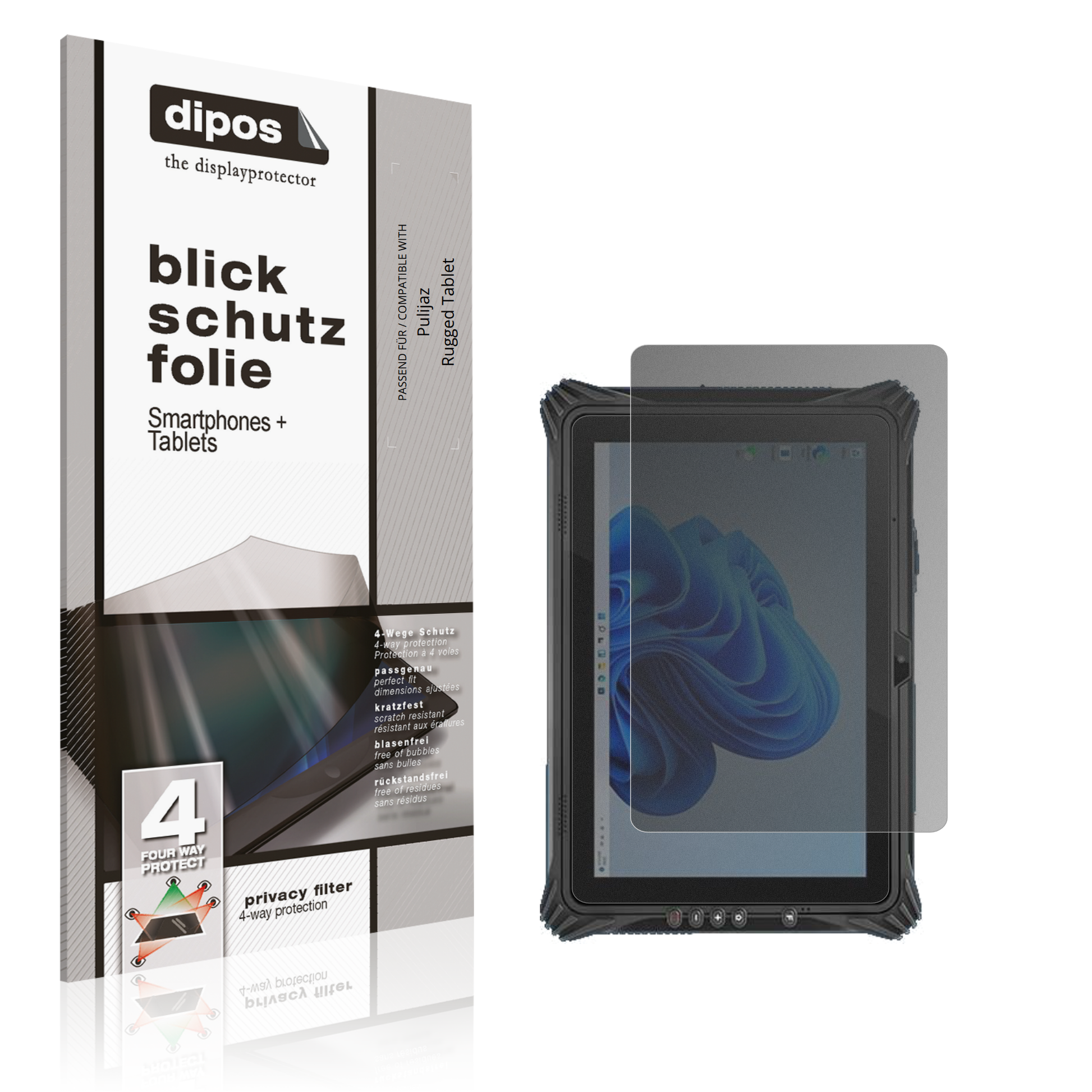 Blickschutzfolie von dipos passend für pulijazrugged tablet, präziser Zuschnitt und blasenfrei montiert