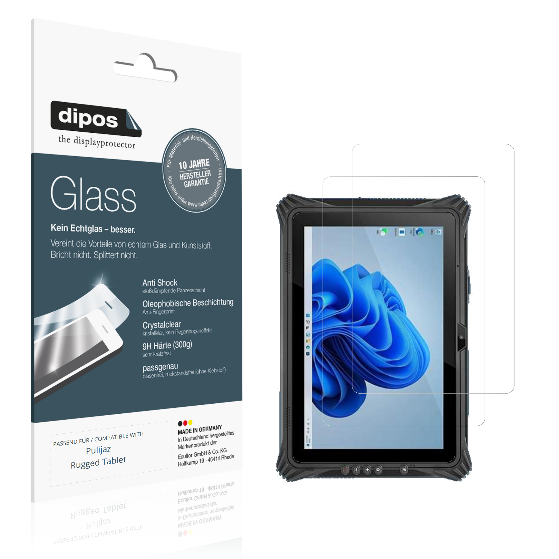 Klare Displayschutzfolie von dipos passend für pulijazrugged tablet, 9H kratzfest und blasenfrei montiert