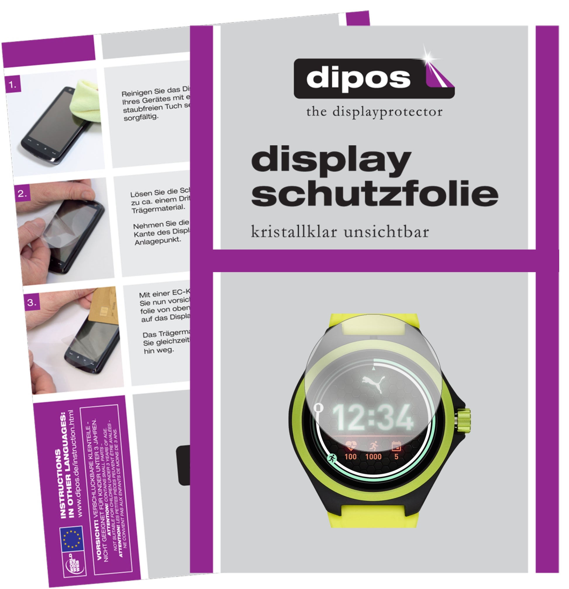 Klare Displayschutzfolie von dipos passend für Puma Gen 4 Heart Rate Smartwatch, präziser Zuschnitt und blasenfrei montiert