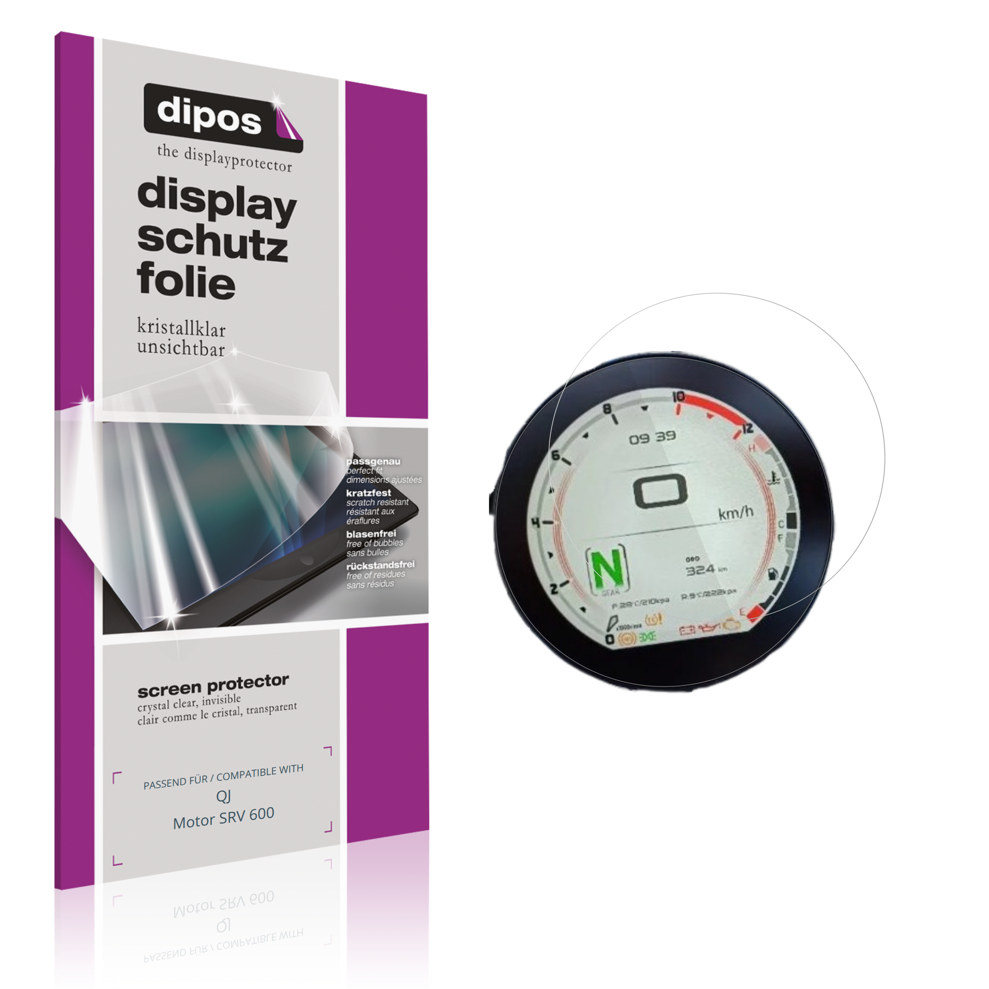 Klare Displayschutzfolie von dipos passend für QJ Motor SRV 600, präziser Zuschnitt und blasenfrei montiert