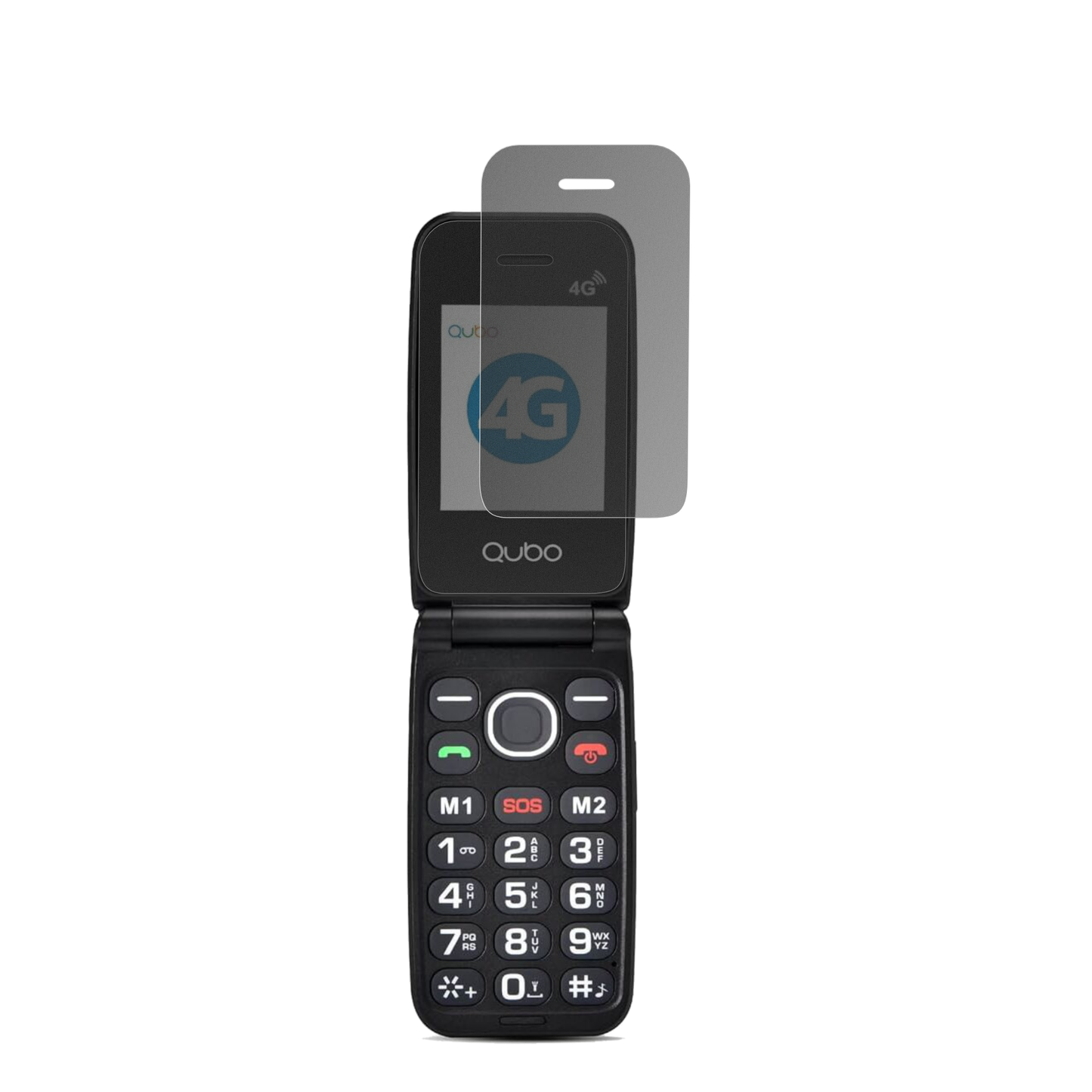 Qubo4G Klapphandy mit aufgebrachtem dipos Displayschutz, der seitliche Einblicke blockiert