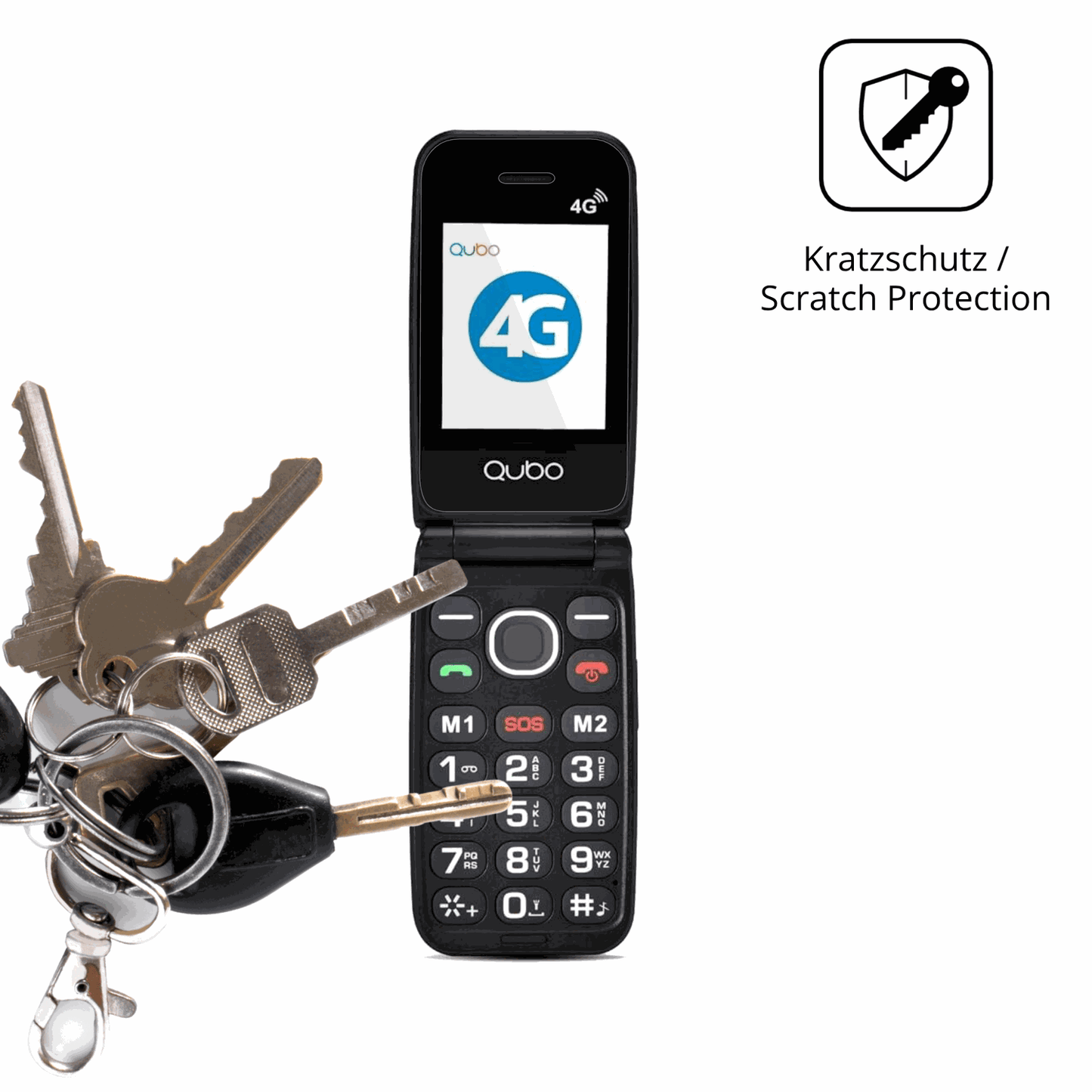 Schutz gegen Kratzer auf dem Qubo 4G Klapphandy Glas durch Schlüssel oder Ähnliches