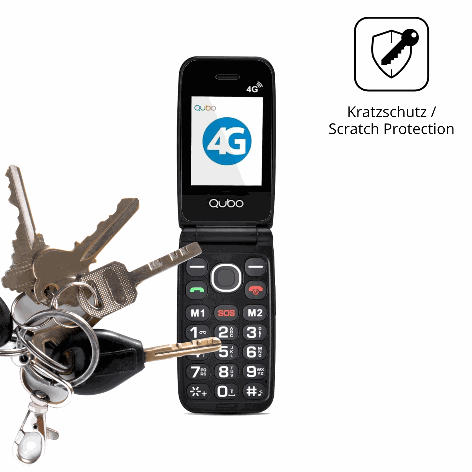 Schutz gegen Kratzer auf dem Qubo 4G Klapphandy Glas durch Schlüssel oder Ähnliches