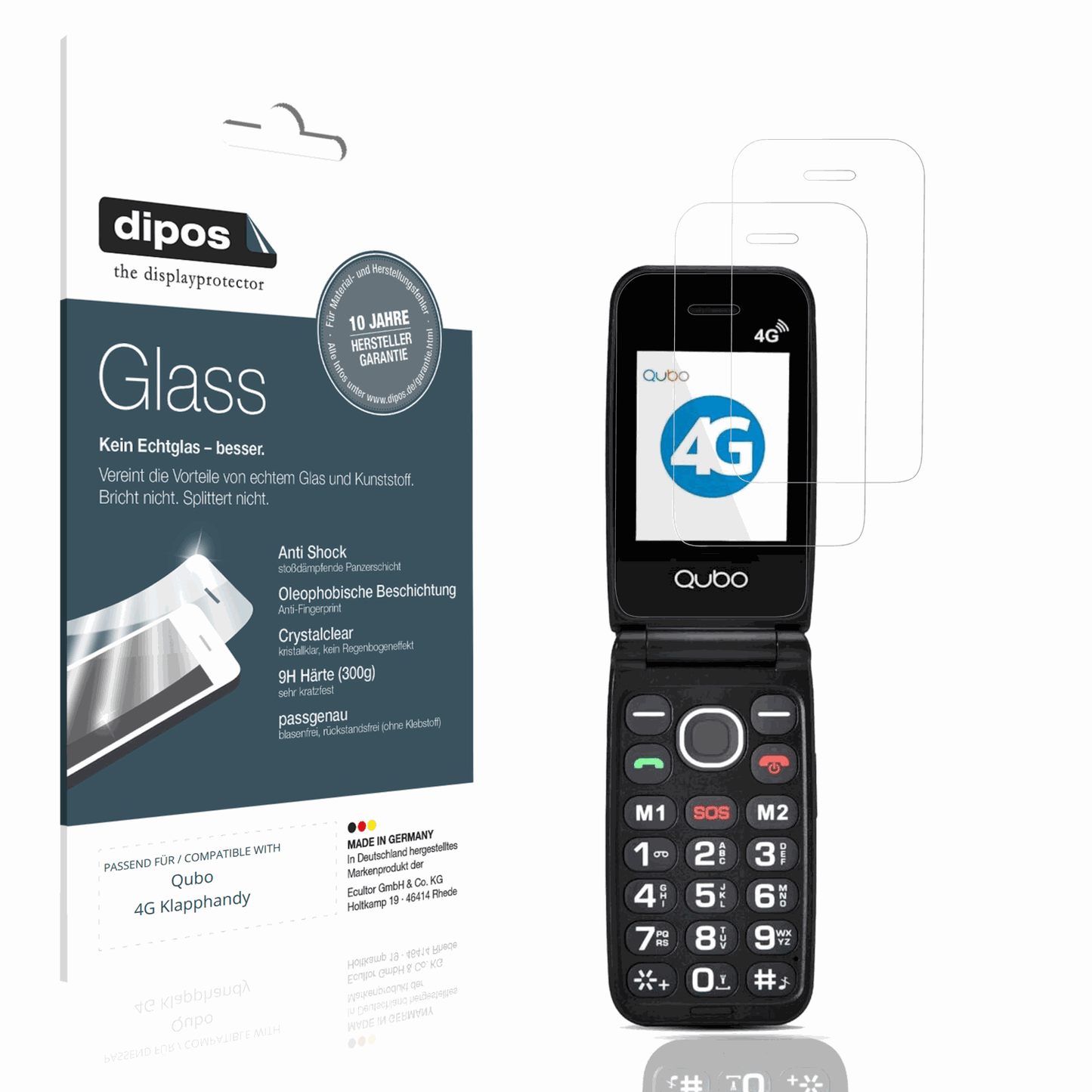 Klare Displayschutzfolie von dipos passend für Qubo 4G Klapphandy, 9H kratzfest und blasenfrei montiert
